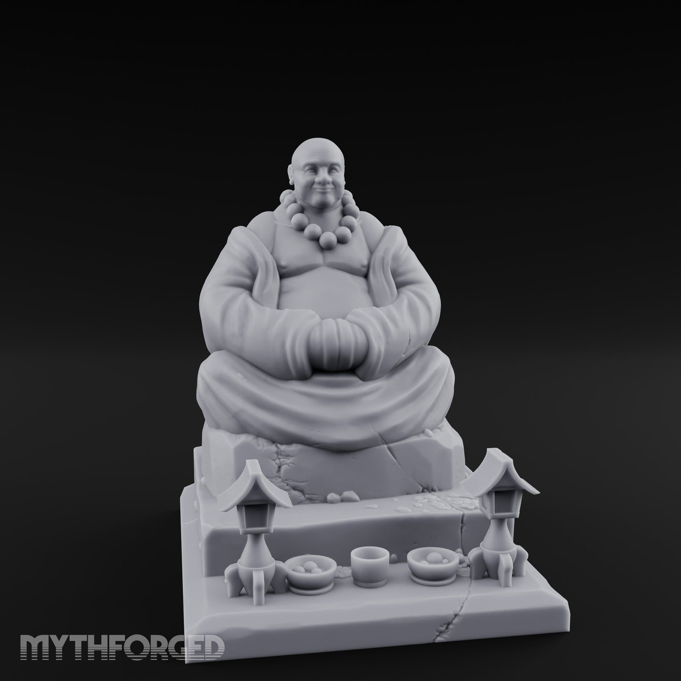 Bead-Necklaced Offering-Bowled Laughing Monk Shrine Statue Miniature for Dungeons and Dragons, Pathfinder or other TTRPGs