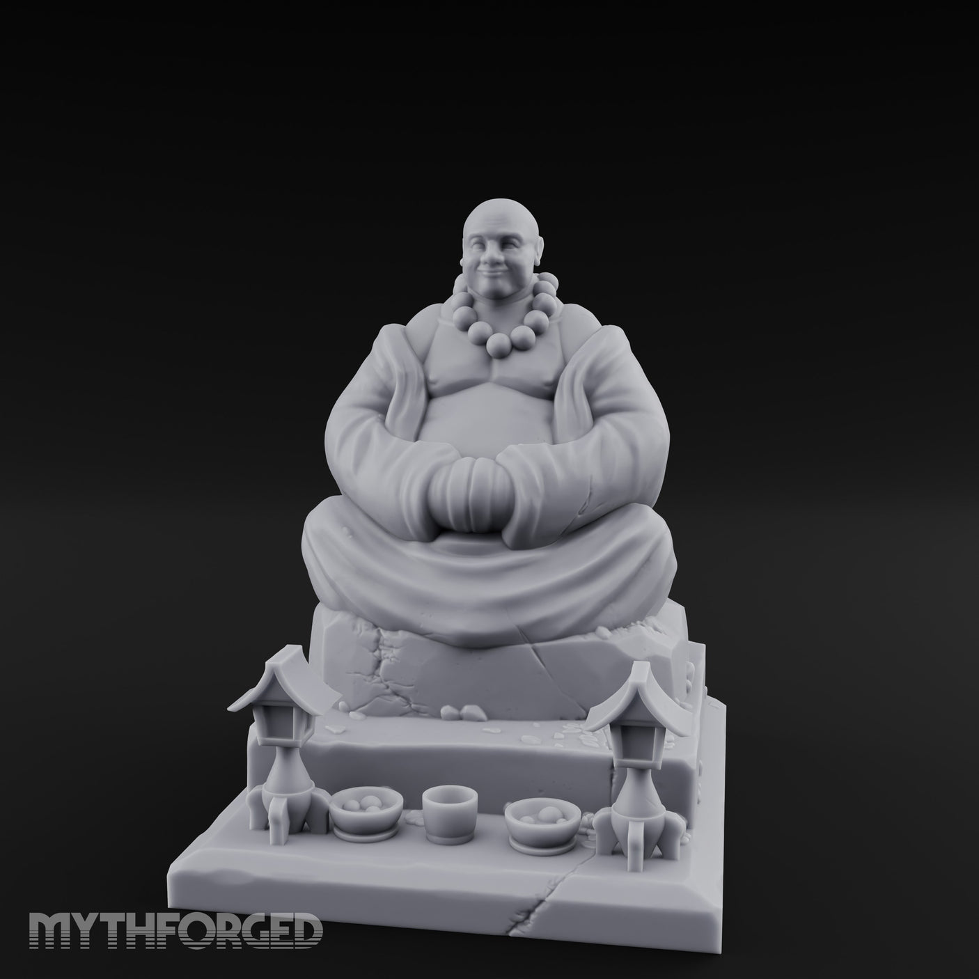 Bead-Necklaced Offering-Bowled Laughing Monk Shrine Statue Miniature for Dungeons and Dragons, Pathfinder or other TTRPGs