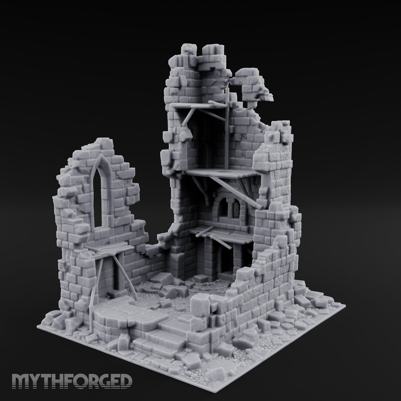 Beam-Crossed Facade-Shattered Townhouse Ruins Miniature for Dungeons and Dragons, Pathfinder or other TTRPGs