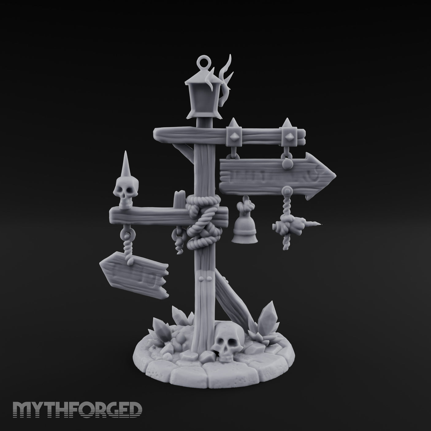 Bell-Hung Skull-Spiked Waymarker Signpost Miniature for Dungeons and Dragons, Pathfinder or other TTRPGs