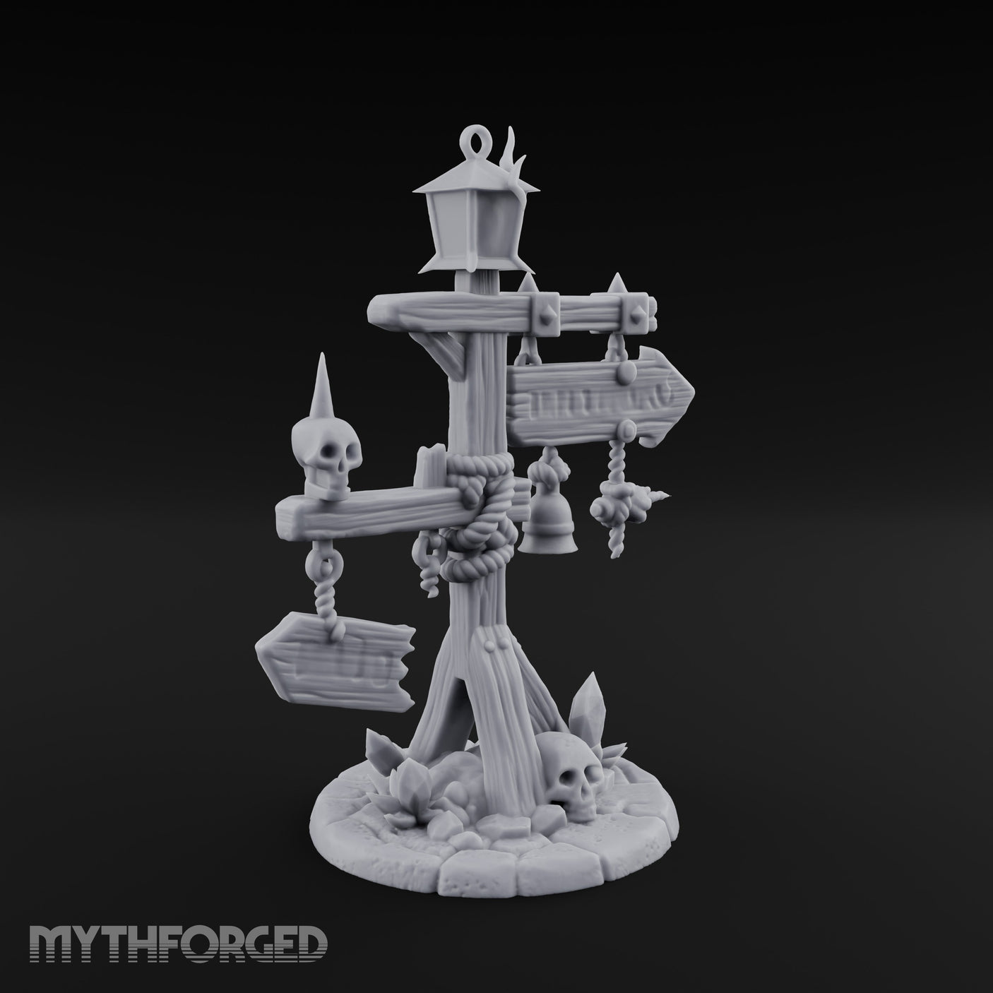Bell-Hung Skull-Spiked Waymarker Signpost Miniature for Dungeons and Dragons, Pathfinder or other TTRPGs