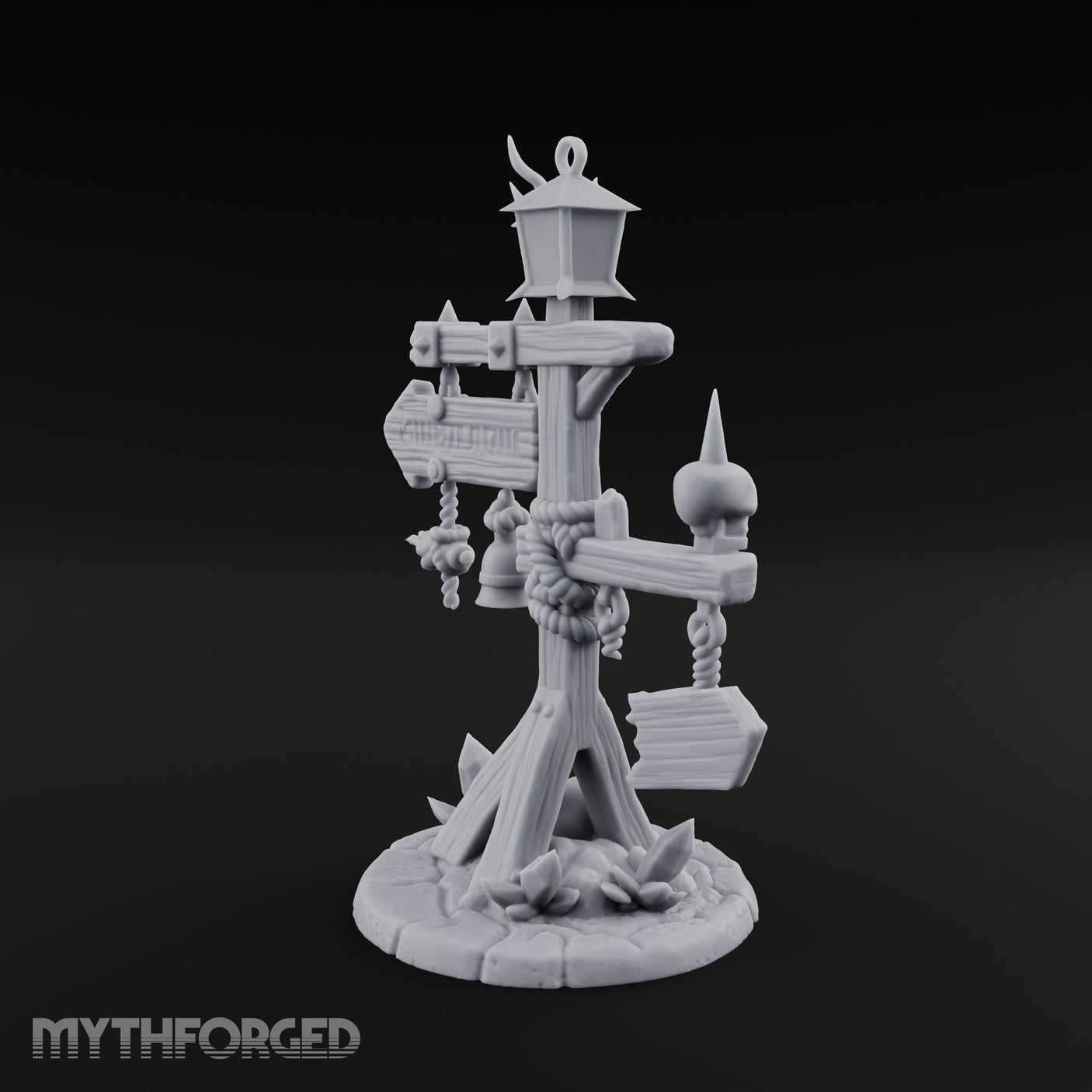 Bell-Hung Skull-Spiked Waymarker Signpost Miniature for Dungeons and Dragons, Pathfinder or other TTRPGs