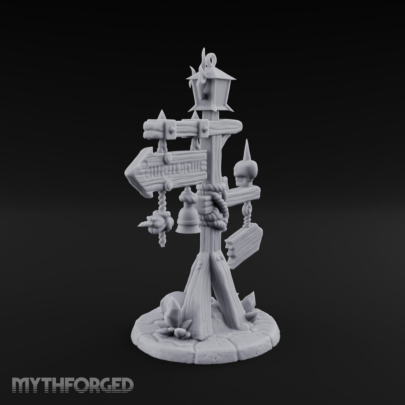 Bell-Hung Skull-Spiked Waymarker Signpost Miniature for Dungeons and Dragons, Pathfinder or other TTRPGs