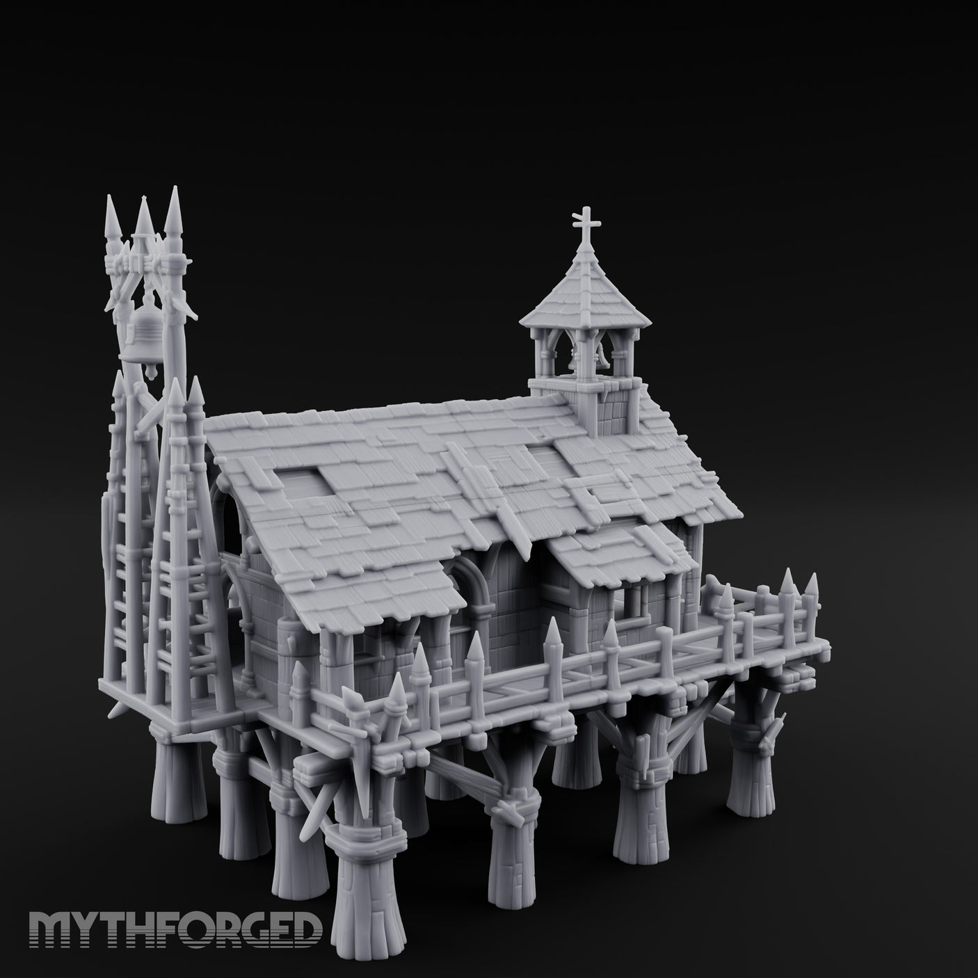 Bell-Towered Stilt-Raised Swamp Chapel Miniature for Dungeons and Dragons, Pathfinder or other TTRPGs