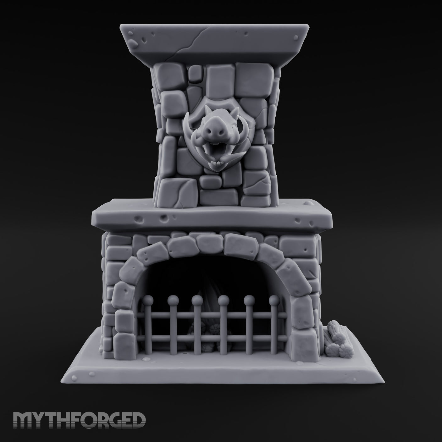 Boar-Mounted Grate-Barred Stone Hearth Fireplace Miniature for Dungeons and Dragons, Pathfinder or other TTRPGs