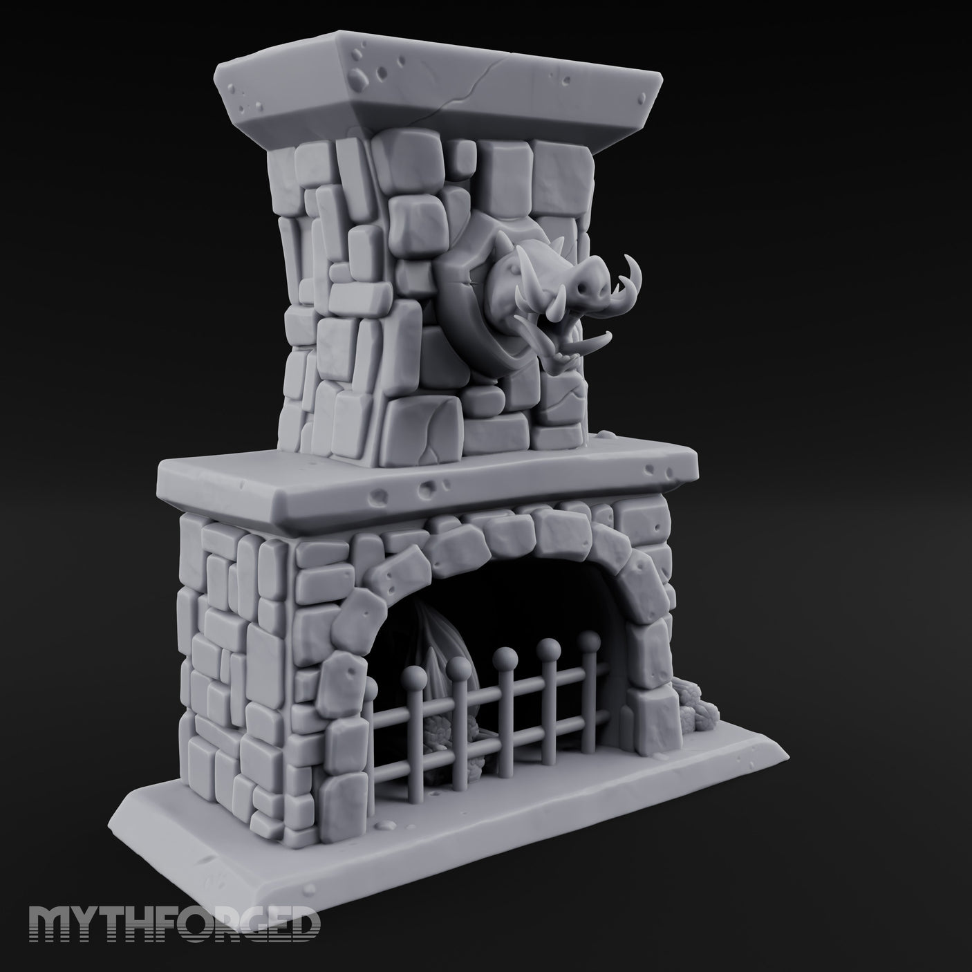Boar-Mounted Grate-Barred Stone Hearth Fireplace Miniature for Dungeons and Dragons, Pathfinder or other TTRPGs