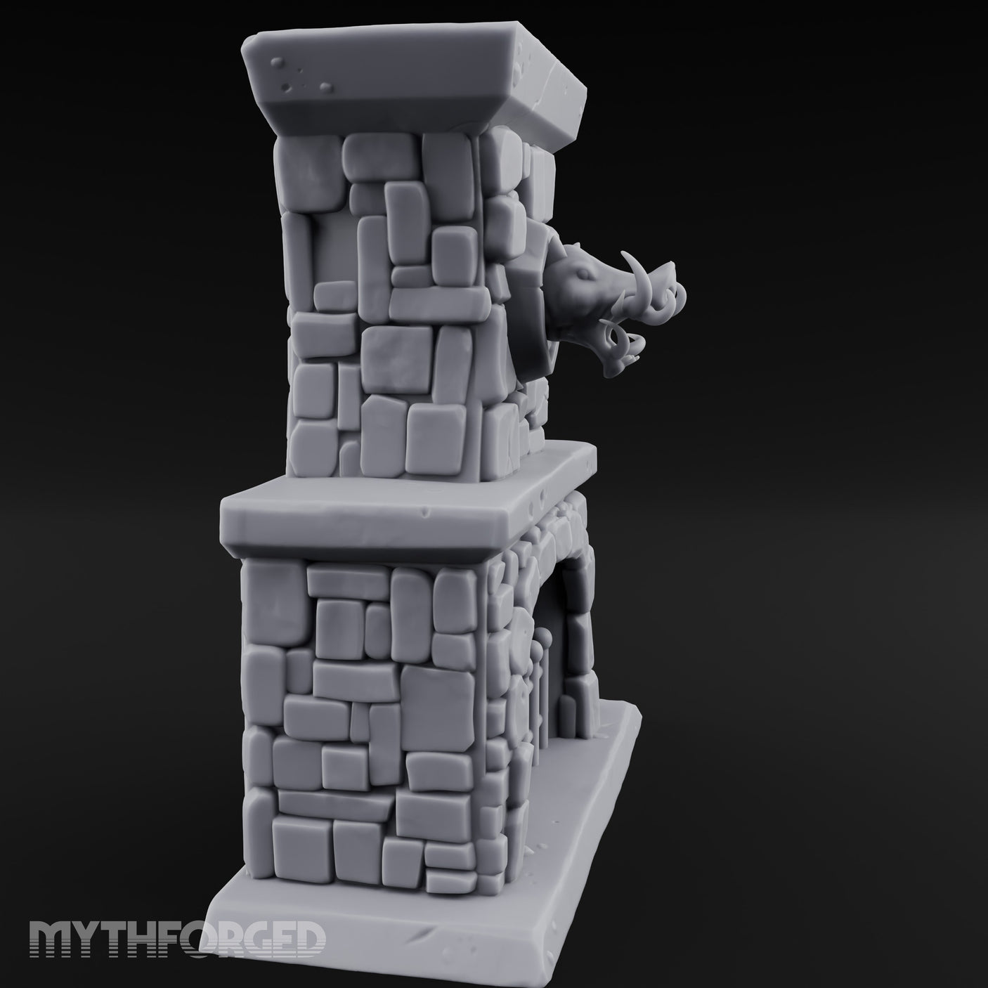 Boar-Mounted Grate-Barred Stone Hearth Fireplace Miniature for Dungeons and Dragons, Pathfinder or other TTRPGs