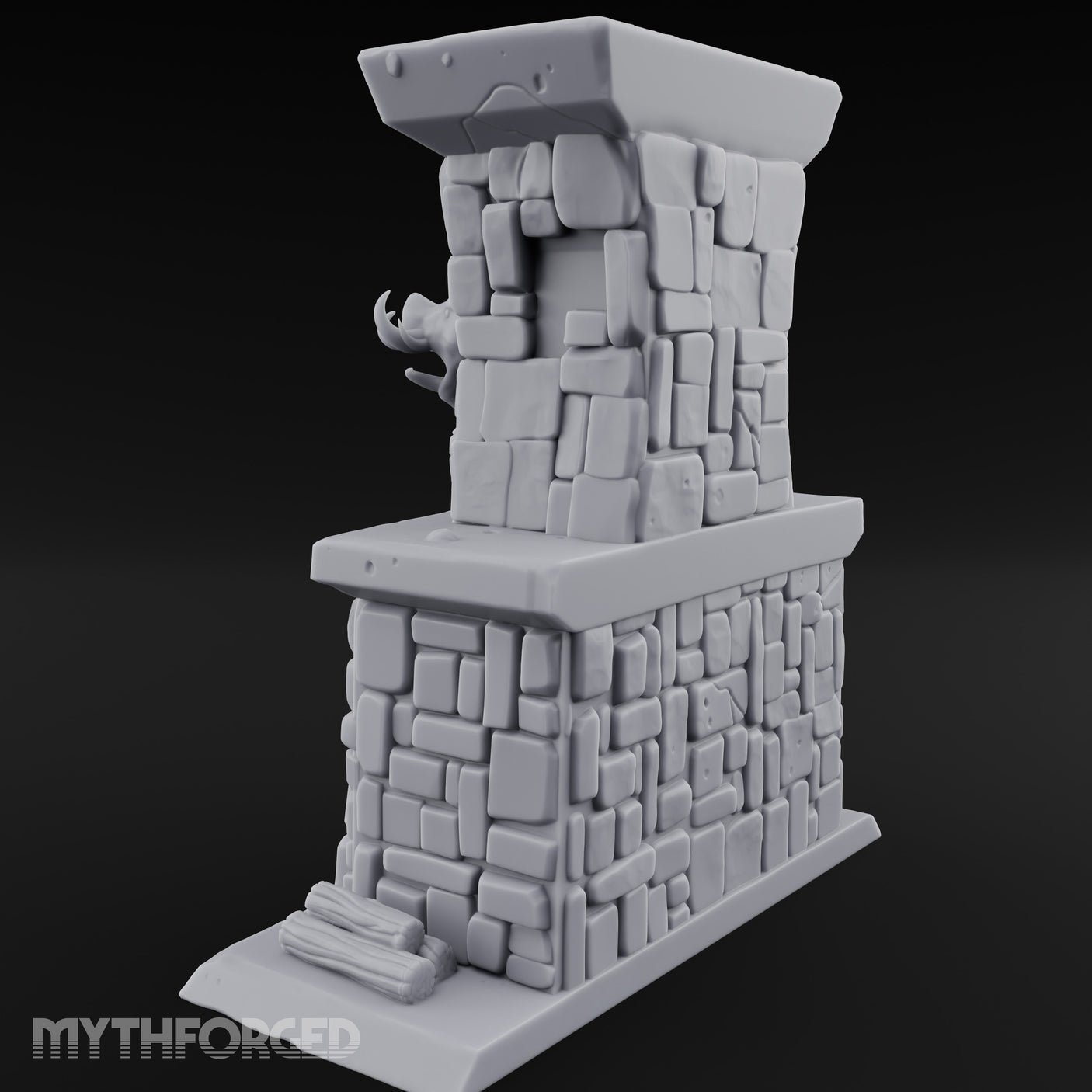 Boar-Mounted Grate-Barred Stone Hearth Fireplace Miniature for Dungeons and Dragons, Pathfinder or other TTRPGs