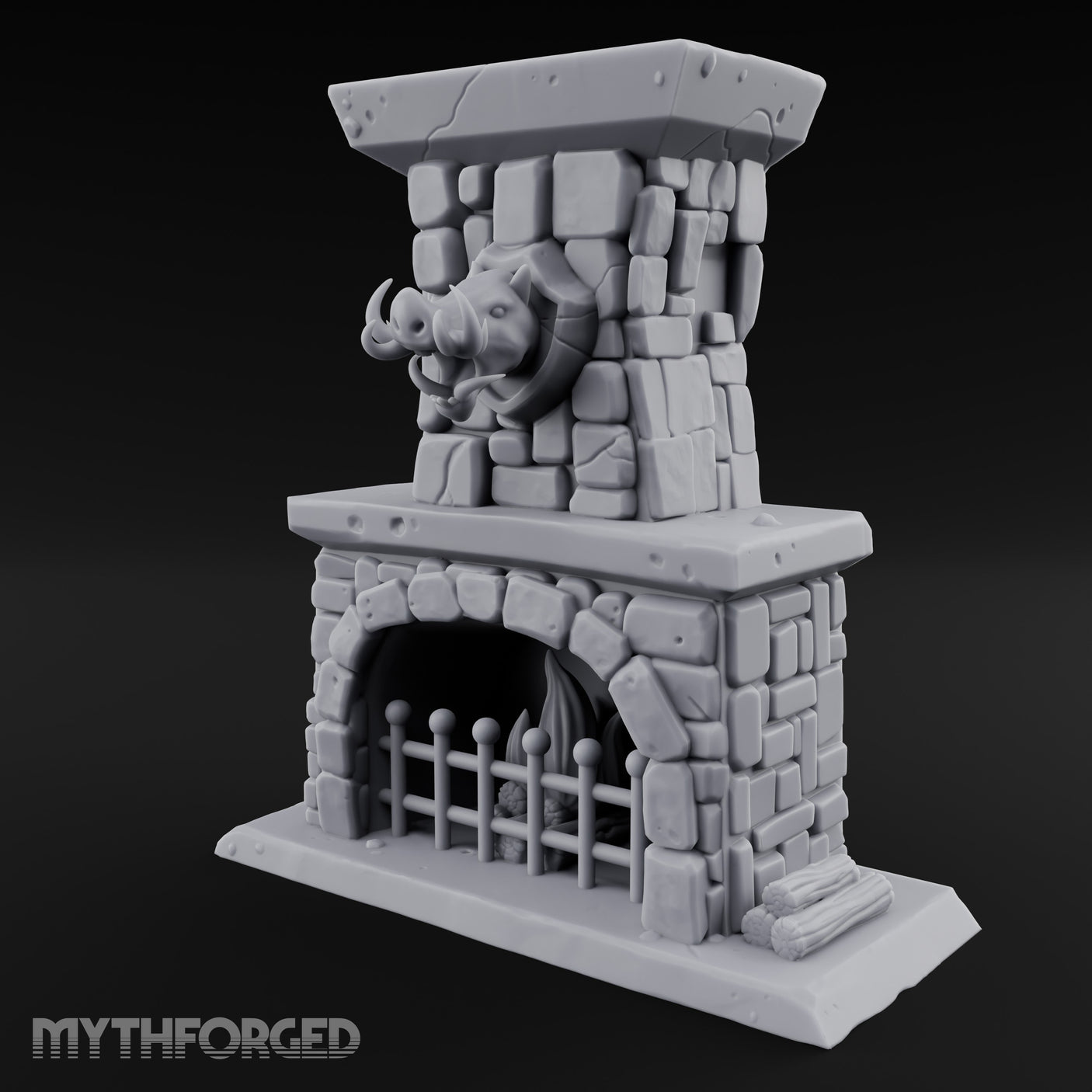 Boar-Mounted Grate-Barred Stone Hearth Fireplace Miniature for Dungeons and Dragons, Pathfinder or other TTRPGs