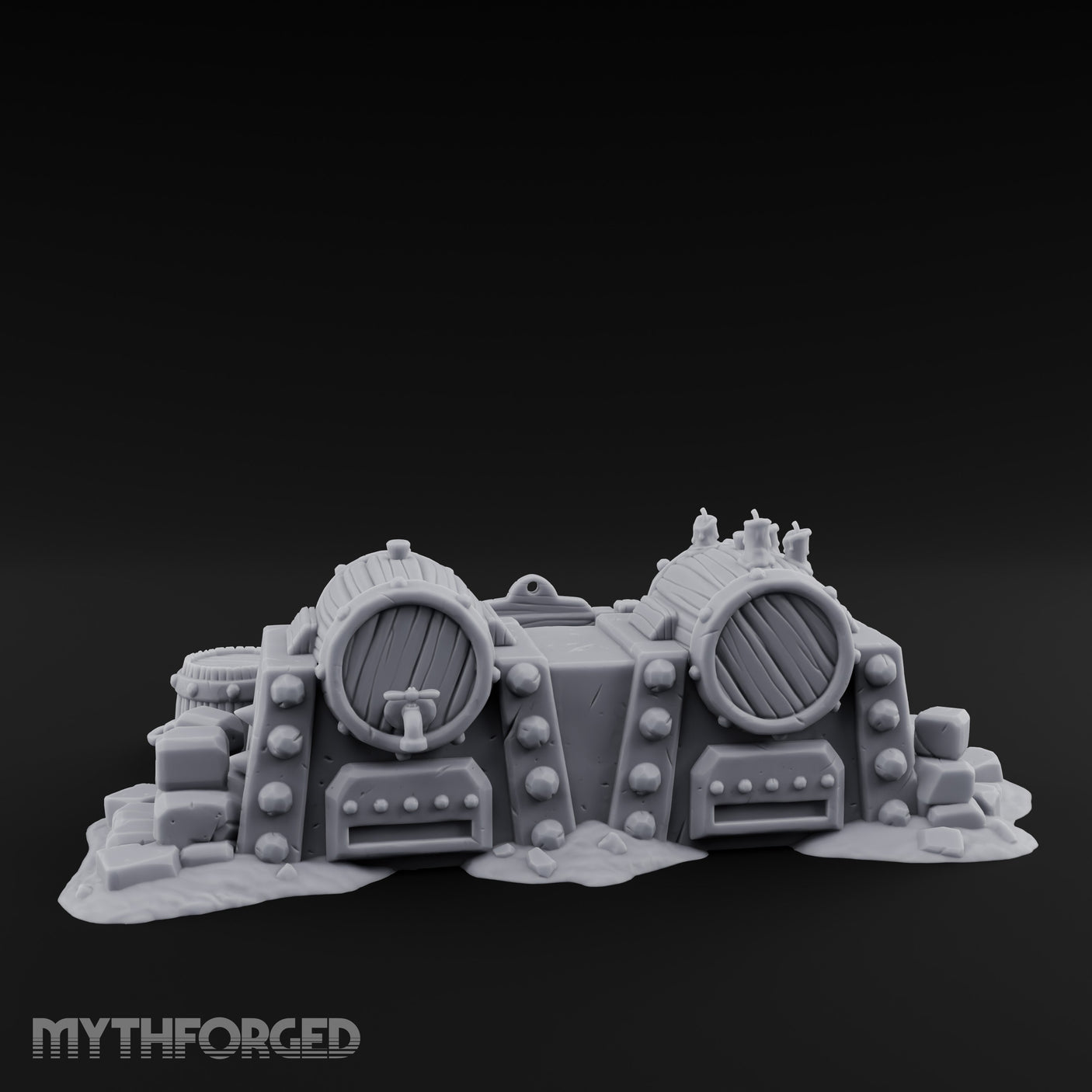 Bolt-Studded Debris-Flanked Grog Barrels Miniature for Dungeons and Dragons, Pathfinder or other TTRPGs