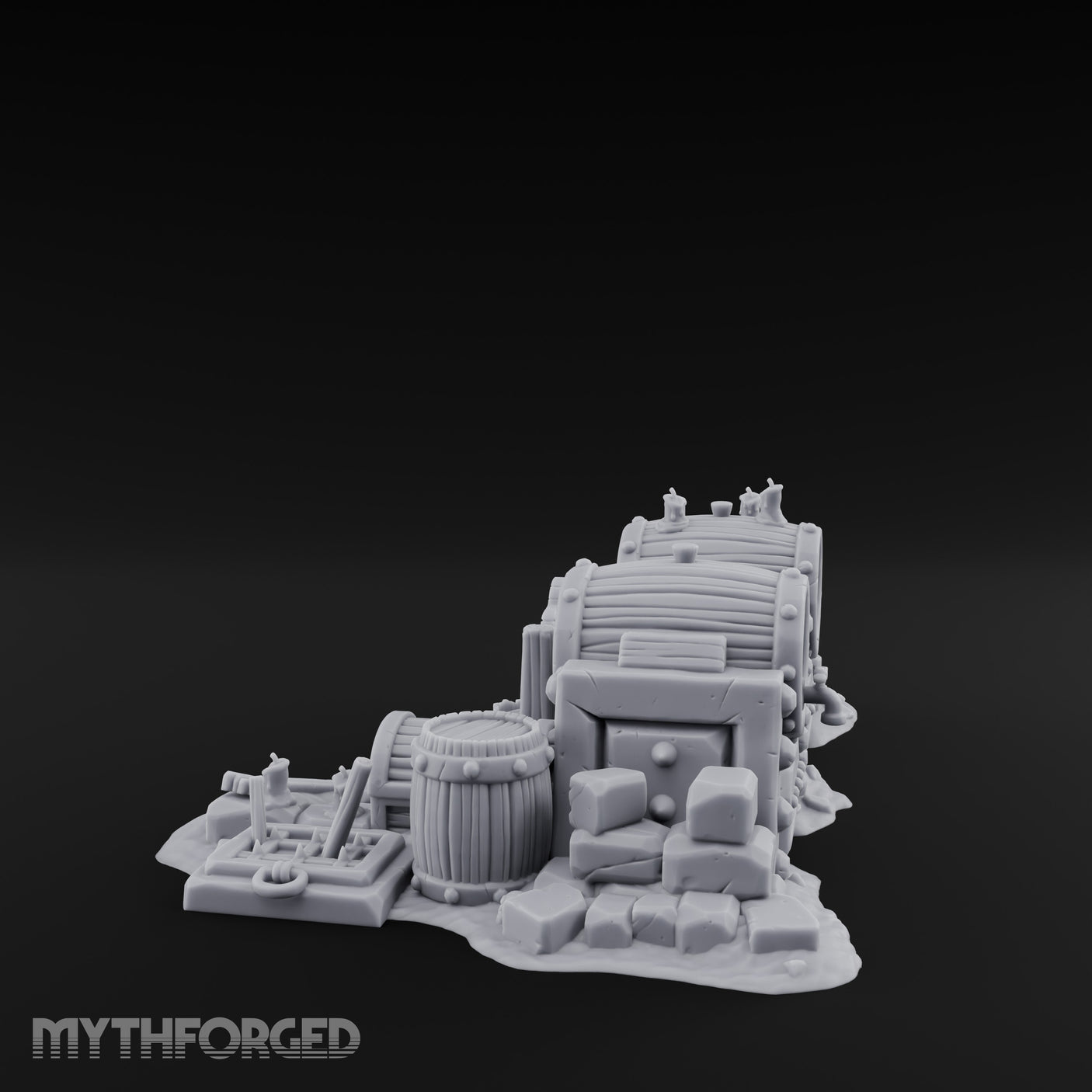 Bolt-Studded Debris-Flanked Grog Barrels Miniature for Dungeons and Dragons, Pathfinder or other TTRPGs