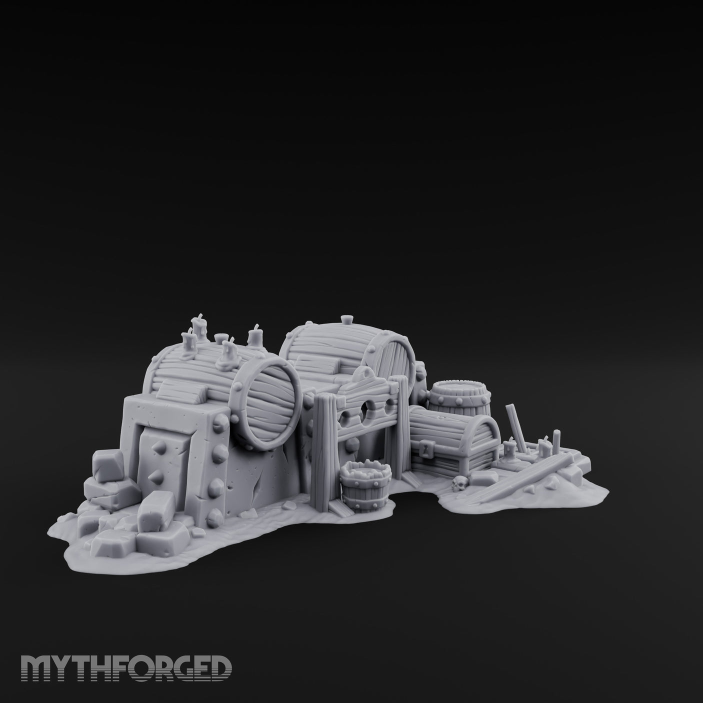 Bolt-Studded Debris-Flanked Grog Barrels Miniature for Dungeons and Dragons, Pathfinder or other TTRPGs