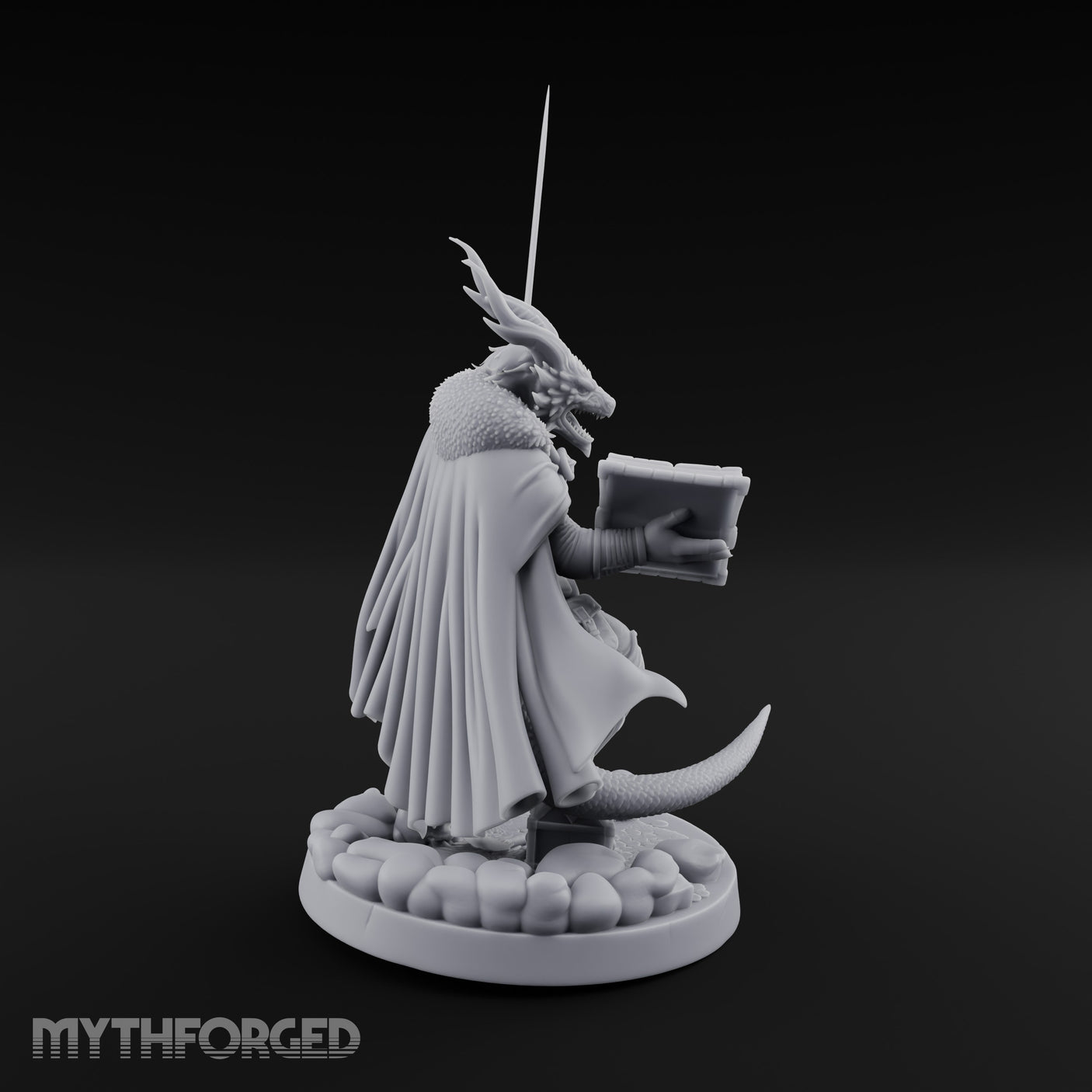 Book And Sword Raised Dragonborn Spellblade Miniature for Dungeons and Dragons, Pathfinder or other TTRPGs
