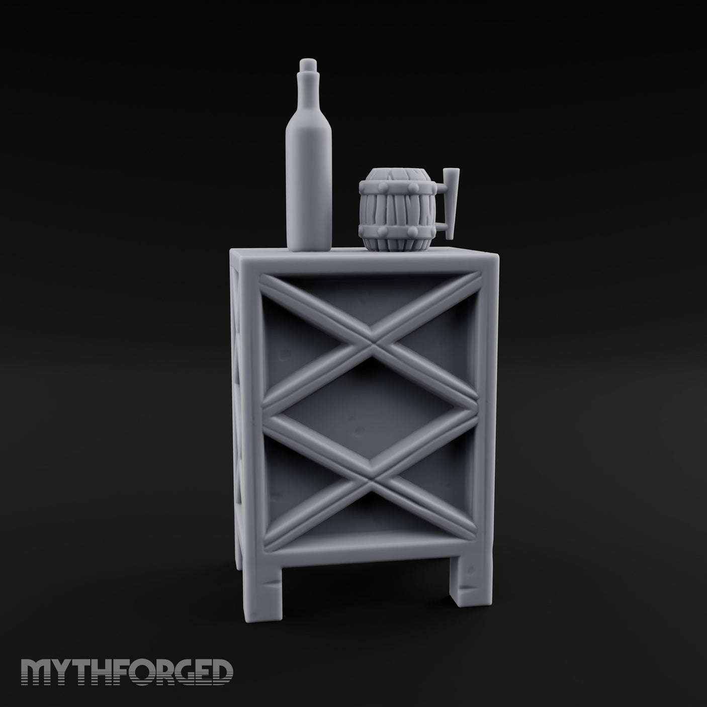Bottle-Topped Barrel-Mugged Tavern Side Cabinet Miniature for Dungeons and Dragons, Pathfinder or other TTRPGs