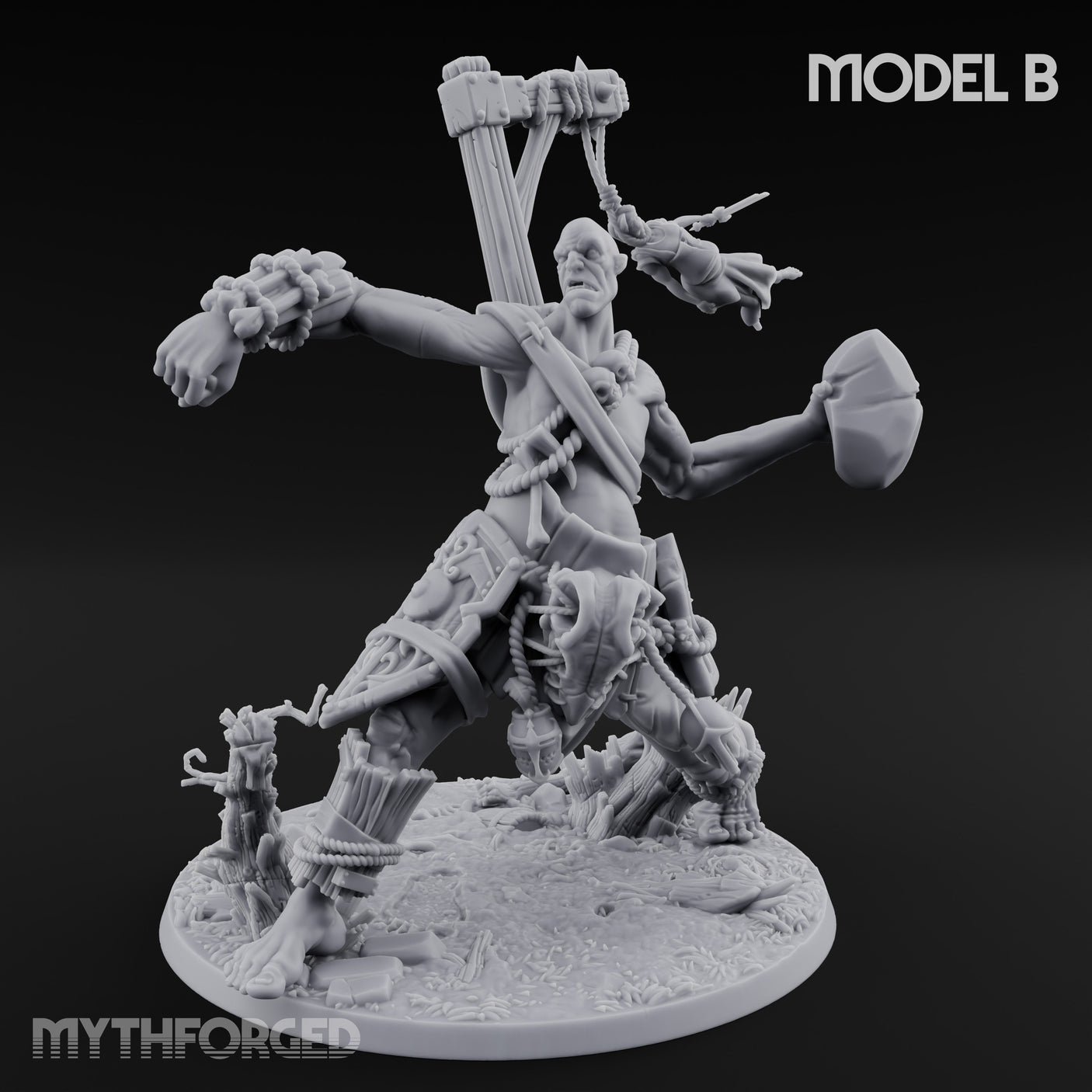 Boulder Launching Hill Giant Hunters B Miniature for Dungeons and Dragons, Pathfinder or other TTRPGs