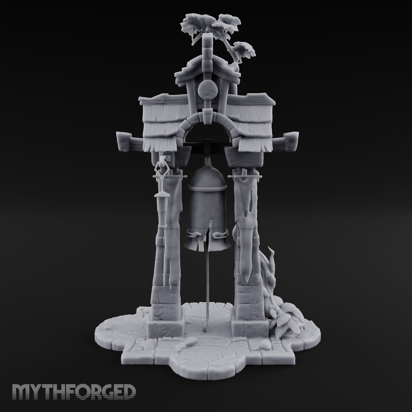 Branch-Crowned Rope-Hung Village Bell Tower Shrine Miniature for Dungeons and Dragons, Pathfinder or other TTRPGs