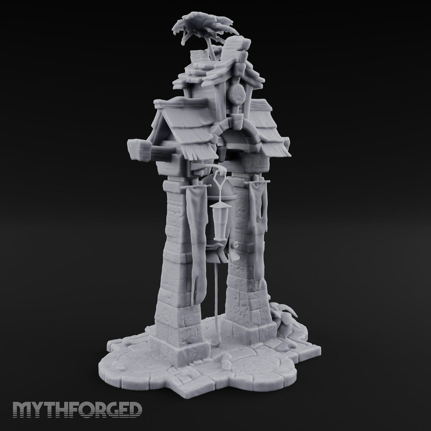 Branch-Crowned Rope-Hung Village Bell Tower Shrine Miniature for Dungeons and Dragons, Pathfinder or other TTRPGs