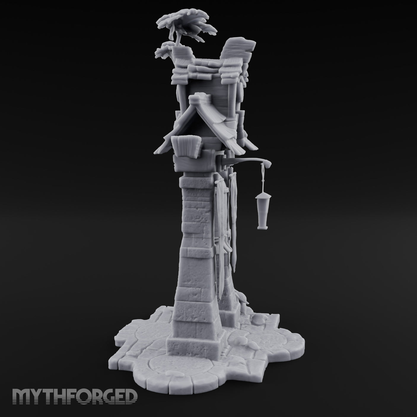 Branch-Crowned Rope-Hung Village Bell Tower Shrine Miniature for Dungeons and Dragons, Pathfinder or other TTRPGs