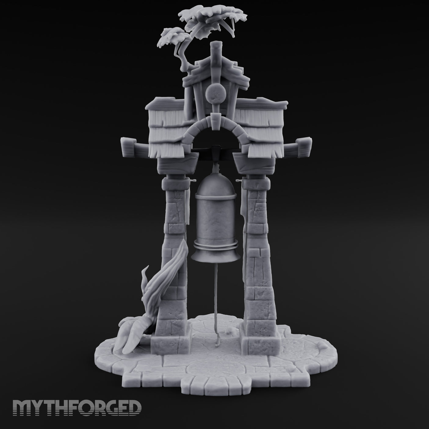 Branch-Crowned Rope-Hung Village Bell Tower Shrine Miniature for Dungeons and Dragons, Pathfinder or other TTRPGs
