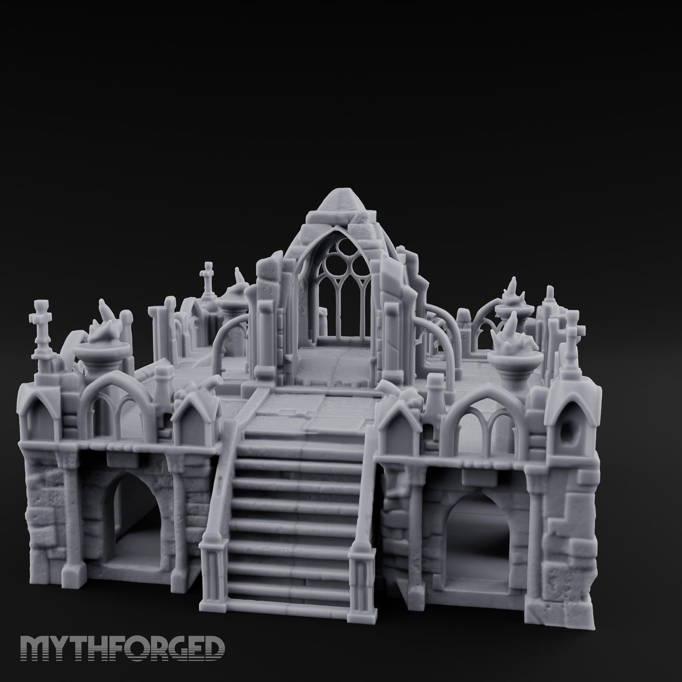 Brazier-Flanked Stair-Risen Gothic Cathedral Dais Miniature for Dungeons and Dragons, Pathfinder or other TTRPGs