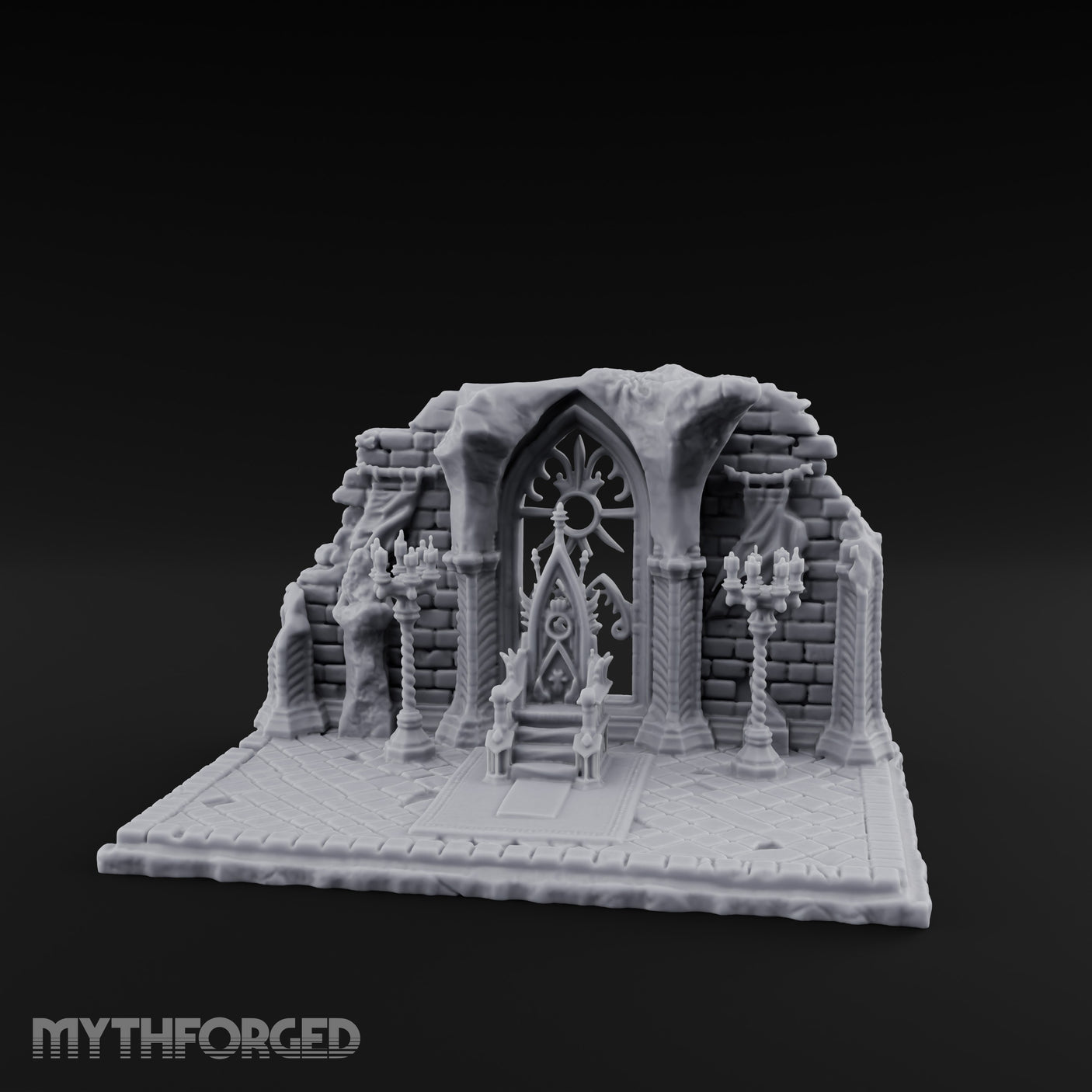 Candelabra-Flanked Filigree-Gated Gothic Cathedral Doorway Ruins Miniature for Dungeons and Dragons, Pathfinder or other TTRPGs