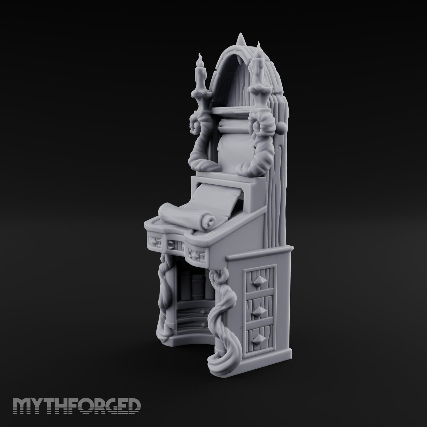 Candle-Flanked Scroll-Rested Gothic Scribe Desk gallery 7