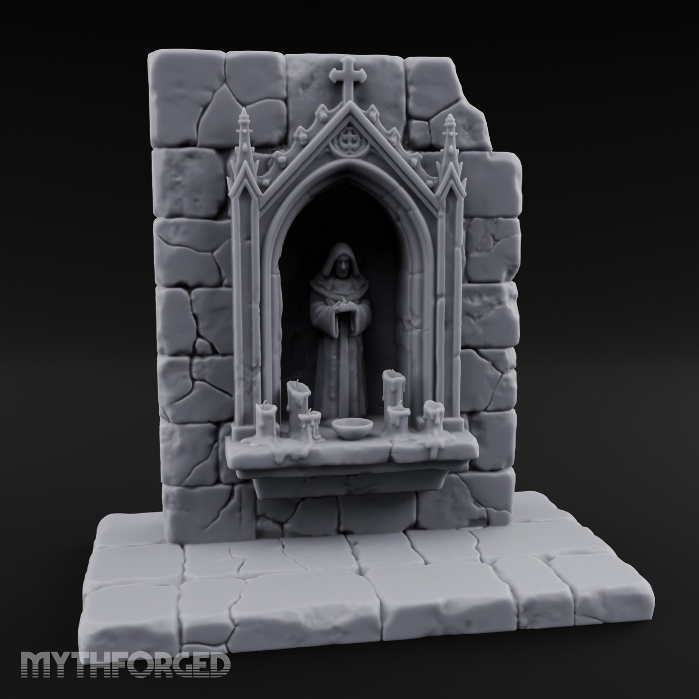 Candle-Ringed Gothic-Niched Hooded Saint Shrine Miniature for Dungeons and Dragons, Pathfinder or other TTRPGs