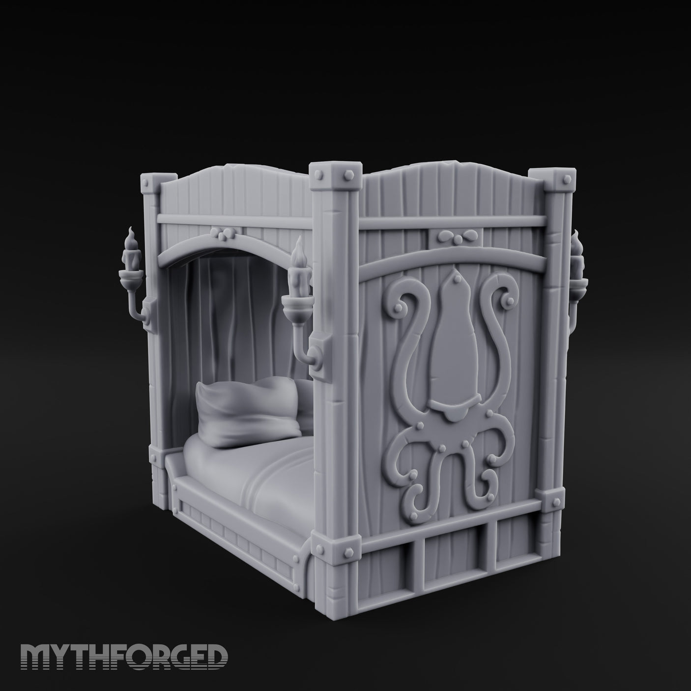 Candle-Sconce Tentacle-Carved Captain's Four-Poster Bed Miniature for Dungeons and Dragons, Pathfinder or other TTRPGs