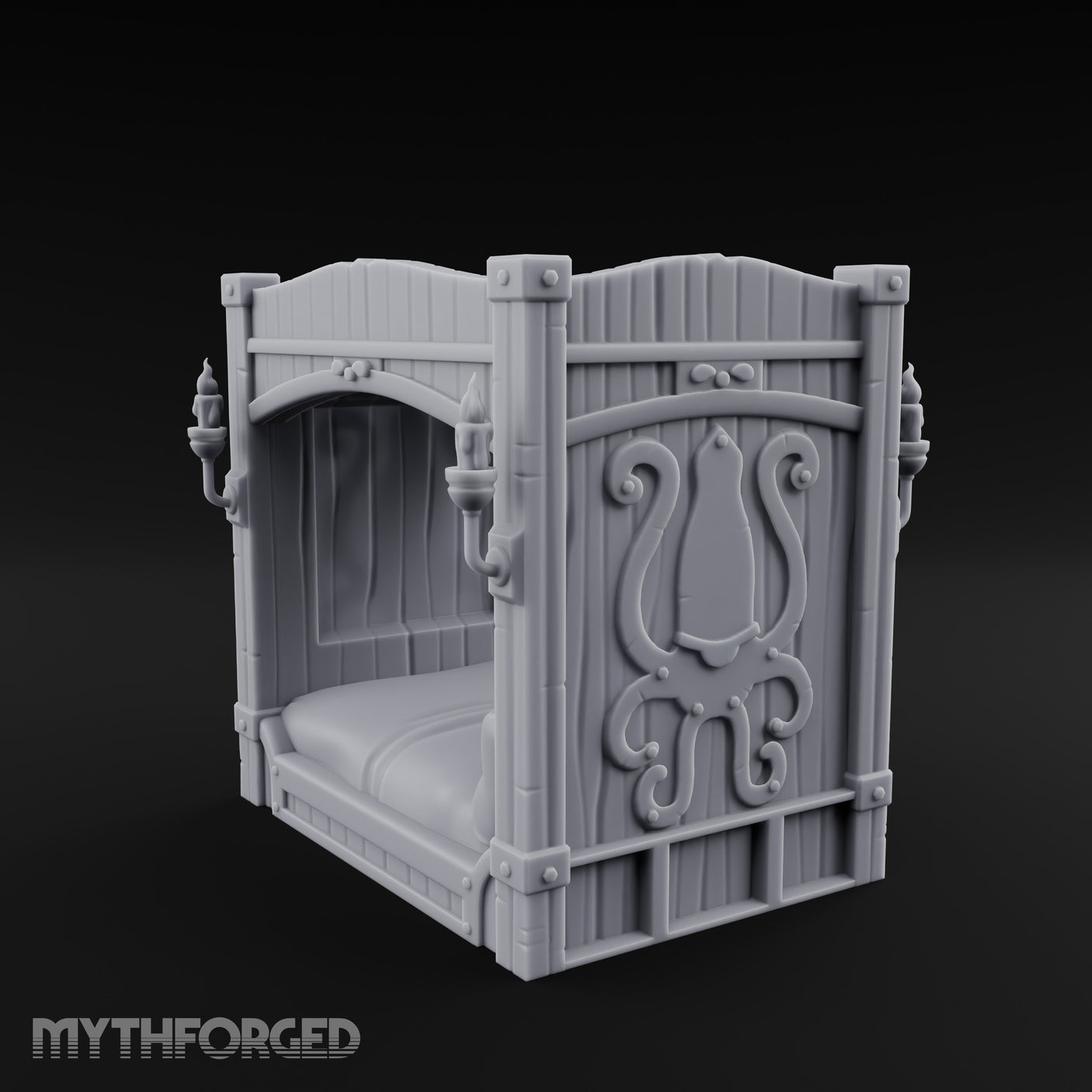 Candle-Sconce Tentacle-Carved Captain's Four-Poster Bed Miniature for Dungeons and Dragons, Pathfinder or other TTRPGs
