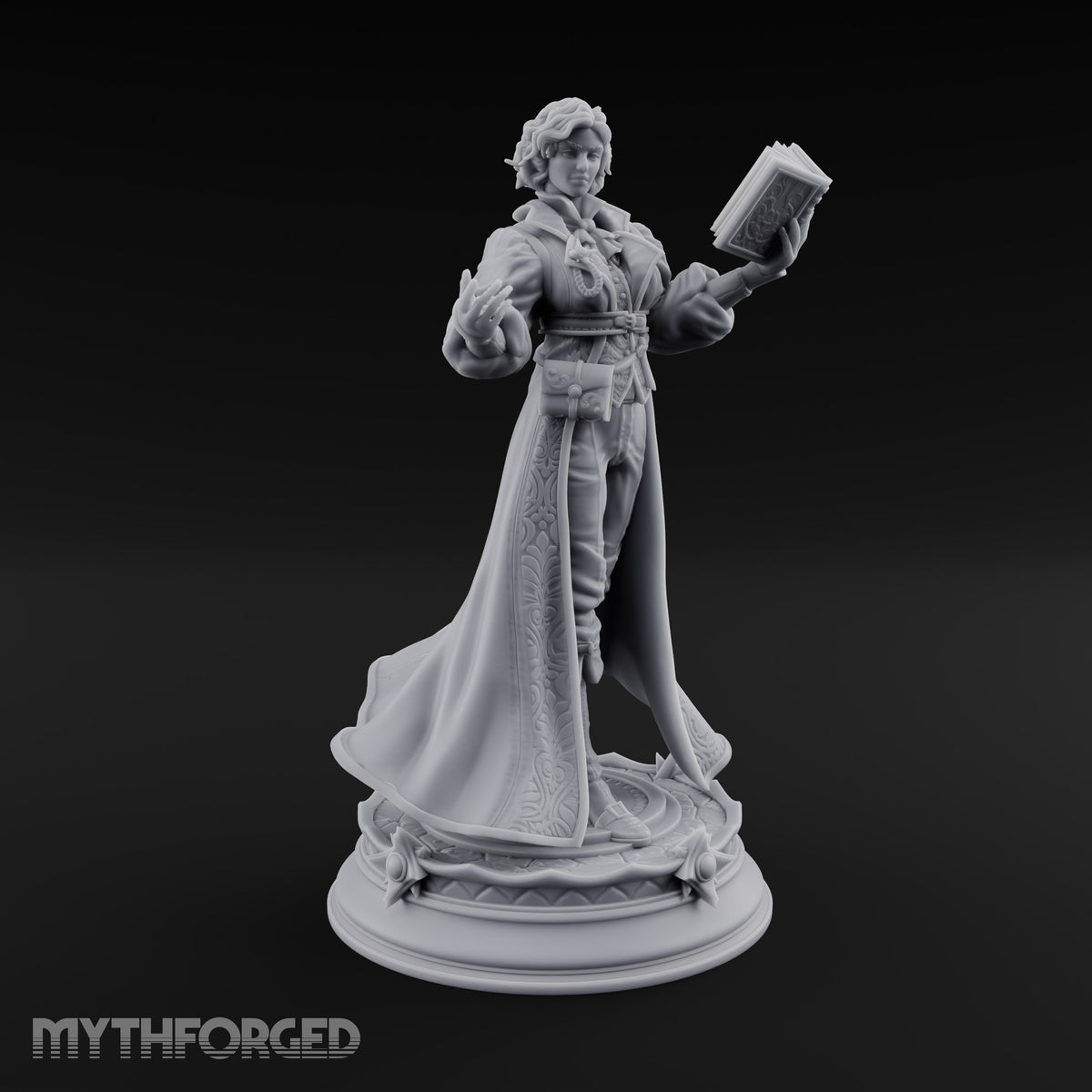 Quoting Chapter and Verse Human Wizard with Spellbook and Long Embroidered Coat