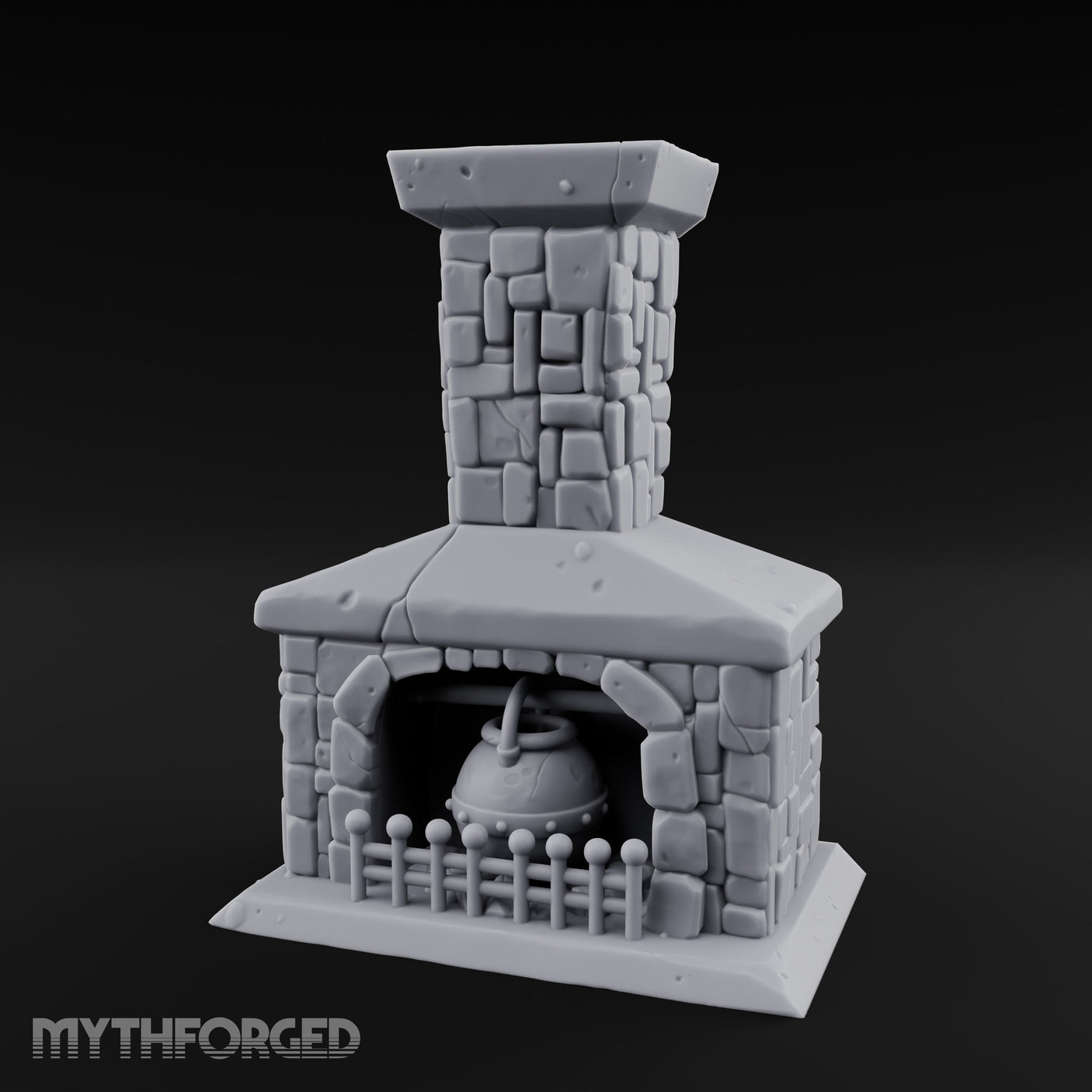 Cauldron-Hung Grate-Fronted Stone Hearth Fireplace Miniature for Dungeons and Dragons, Pathfinder or other TTRPGs