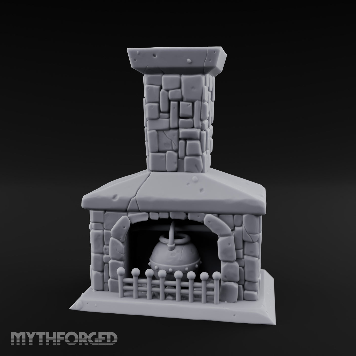 Cauldron-Hung Grate-Fronted Stone Hearth Fireplace Miniature for Dungeons and Dragons, Pathfinder or other TTRPGs