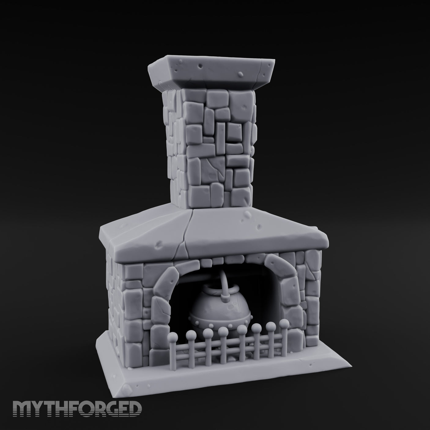 Cauldron-Hung Grate-Fronted Stone Hearth Fireplace Miniature for Dungeons and Dragons, Pathfinder or other TTRPGs