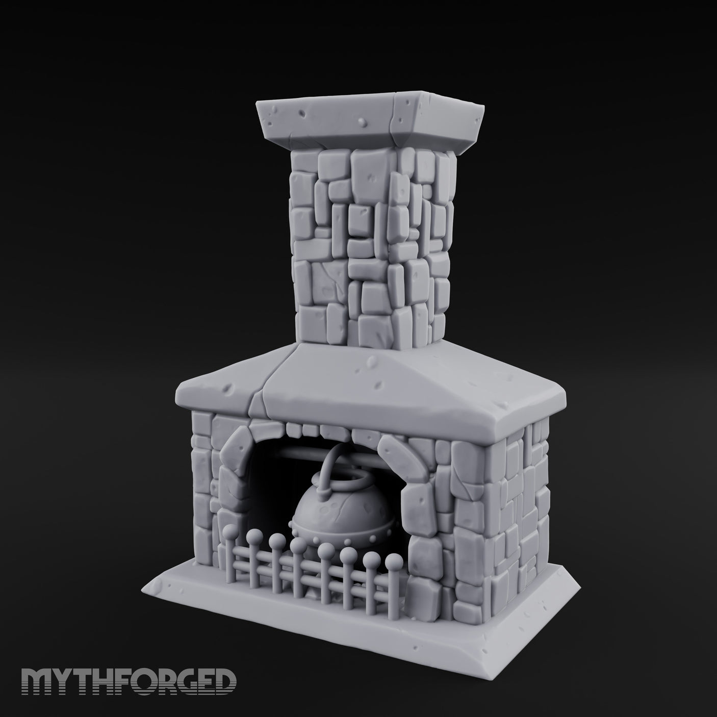 Cauldron-Hung Grate-Fronted Stone Hearth Fireplace Miniature for Dungeons and Dragons, Pathfinder or other TTRPGs