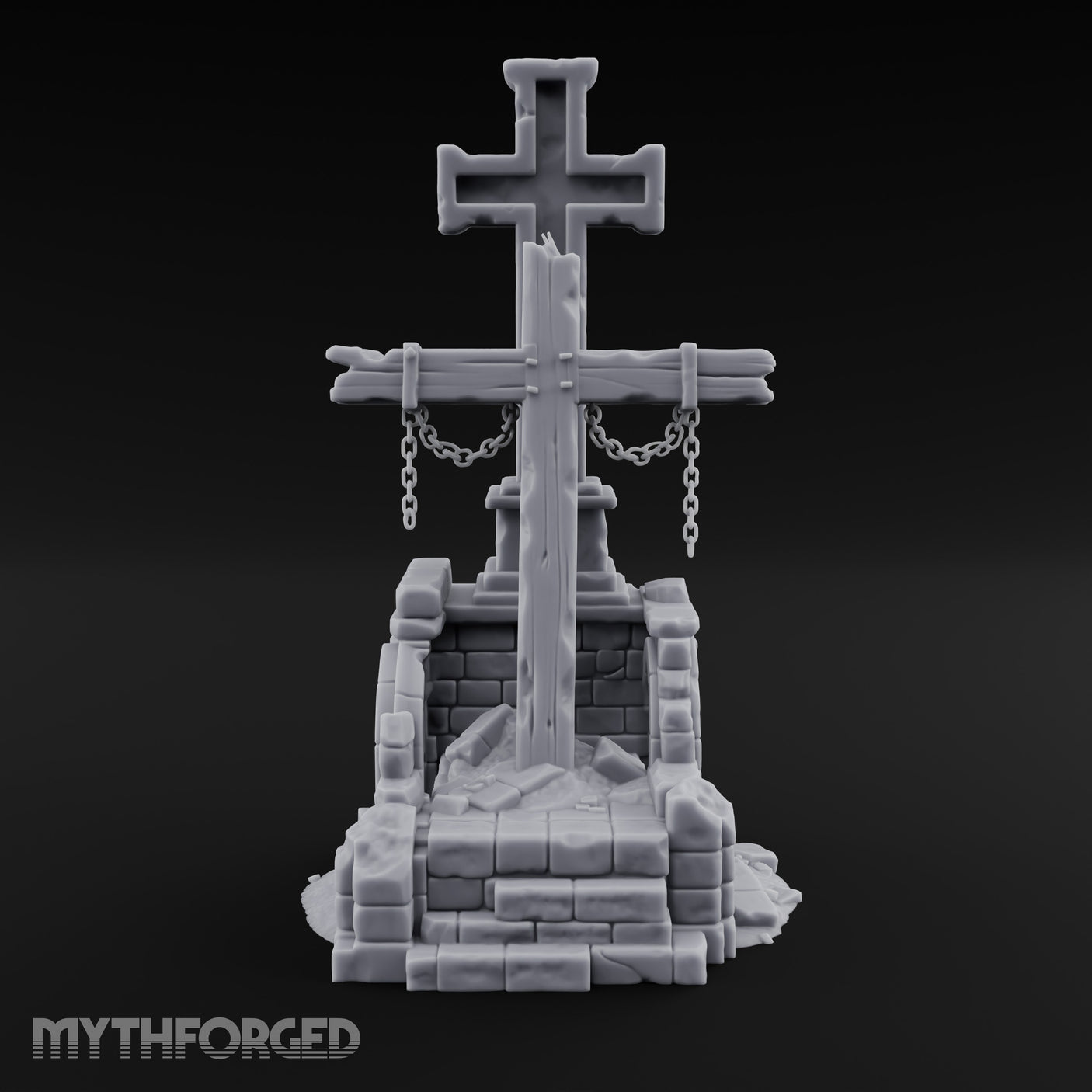 Chain-Hung Splinter-Shafted Crucifix Shrine Dais Miniature for Dungeons and Dragons, Pathfinder or other TTRPGs