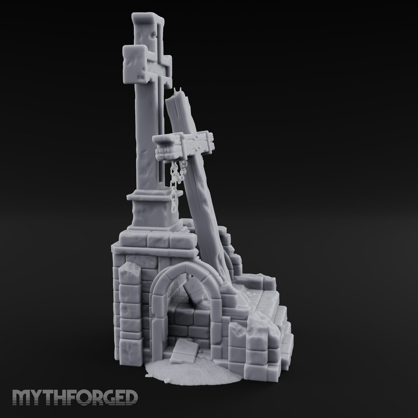 Chain-Hung Splinter-Shafted Crucifix Shrine Dais Miniature for Dungeons and Dragons, Pathfinder or other TTRPGs