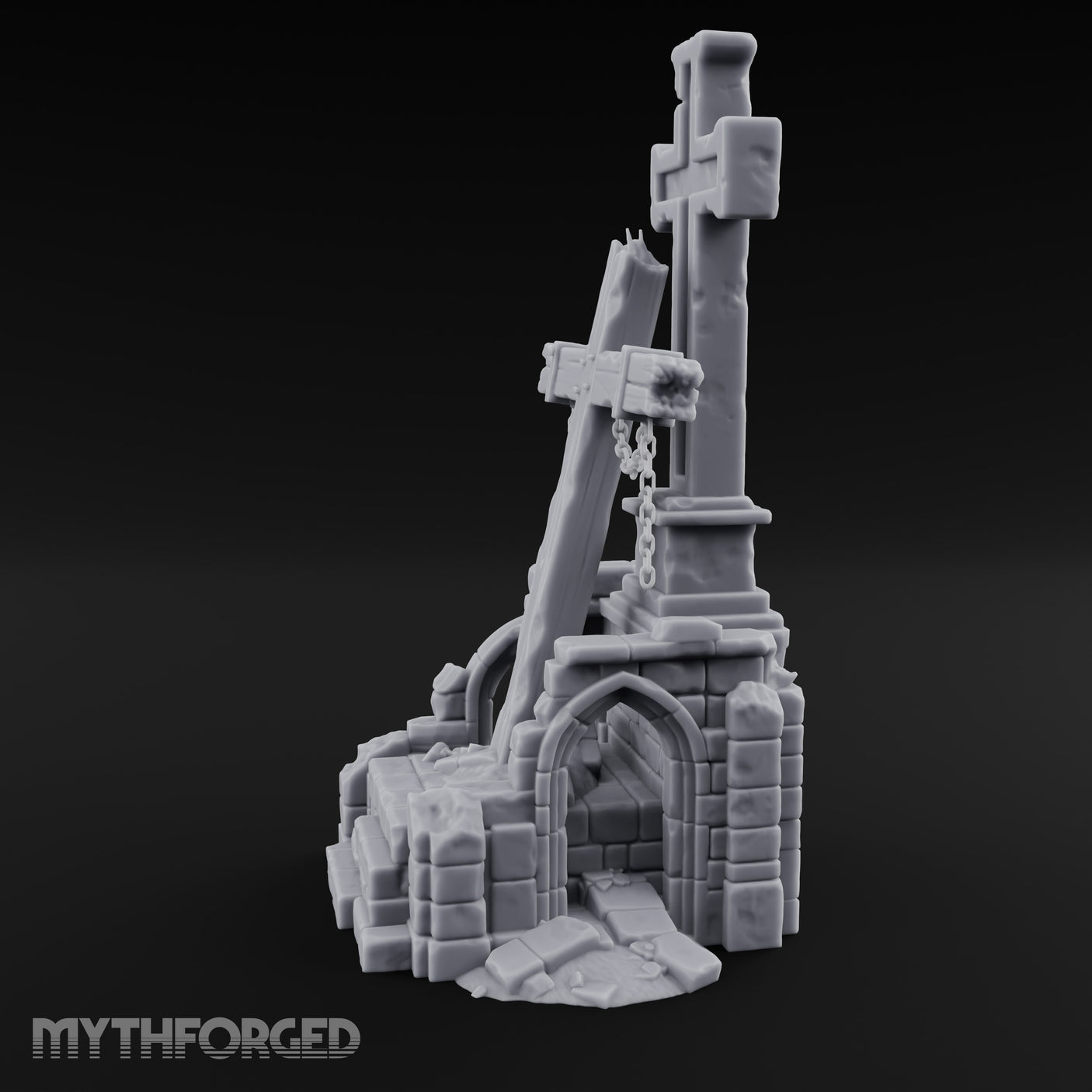 Chain-Hung Splinter-Shafted Crucifix Shrine Dais Miniature for Dungeons and Dragons, Pathfinder or other TTRPGs