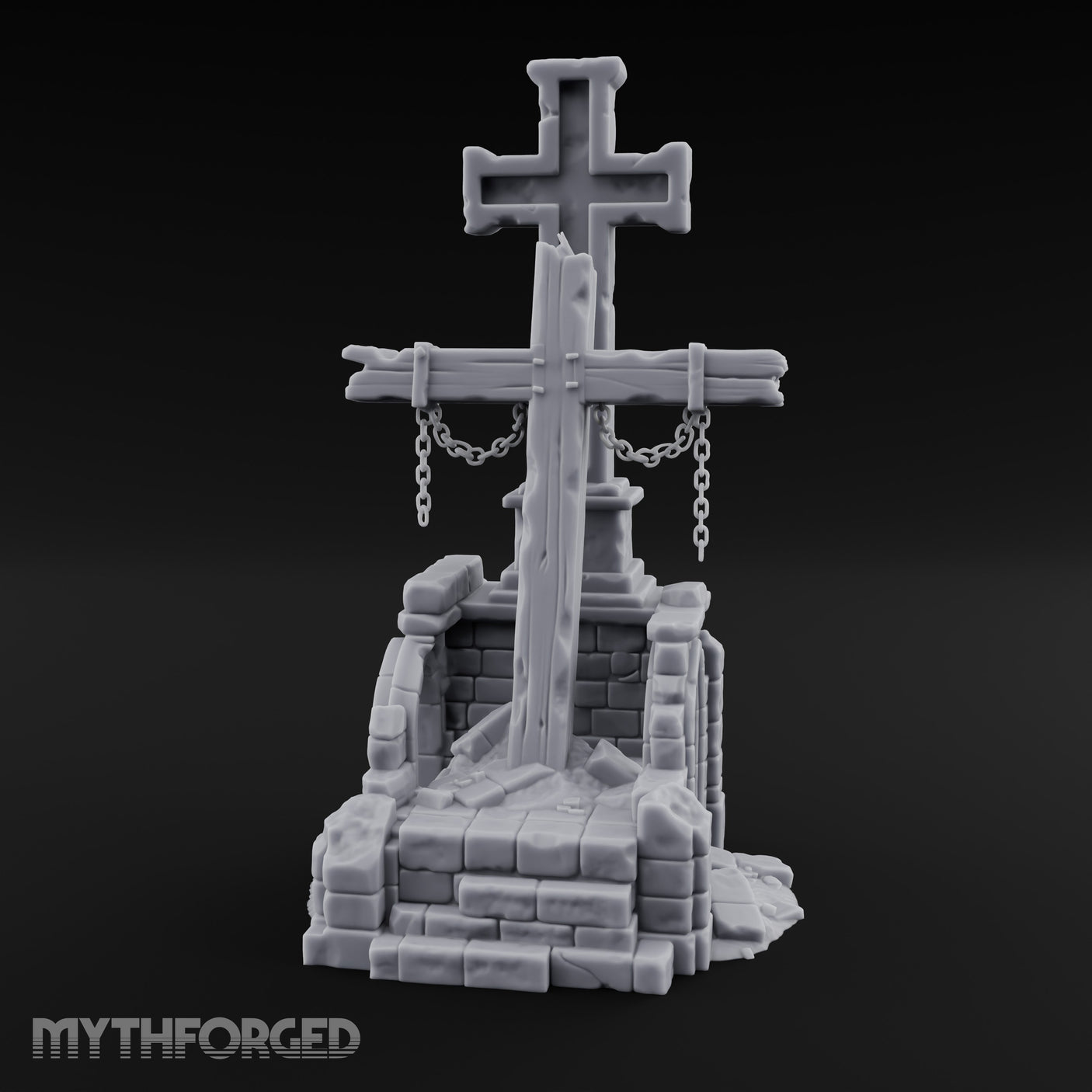 Chain-Hung Splinter-Shafted Crucifix Shrine Dais Miniature for Dungeons and Dragons, Pathfinder or other TTRPGs