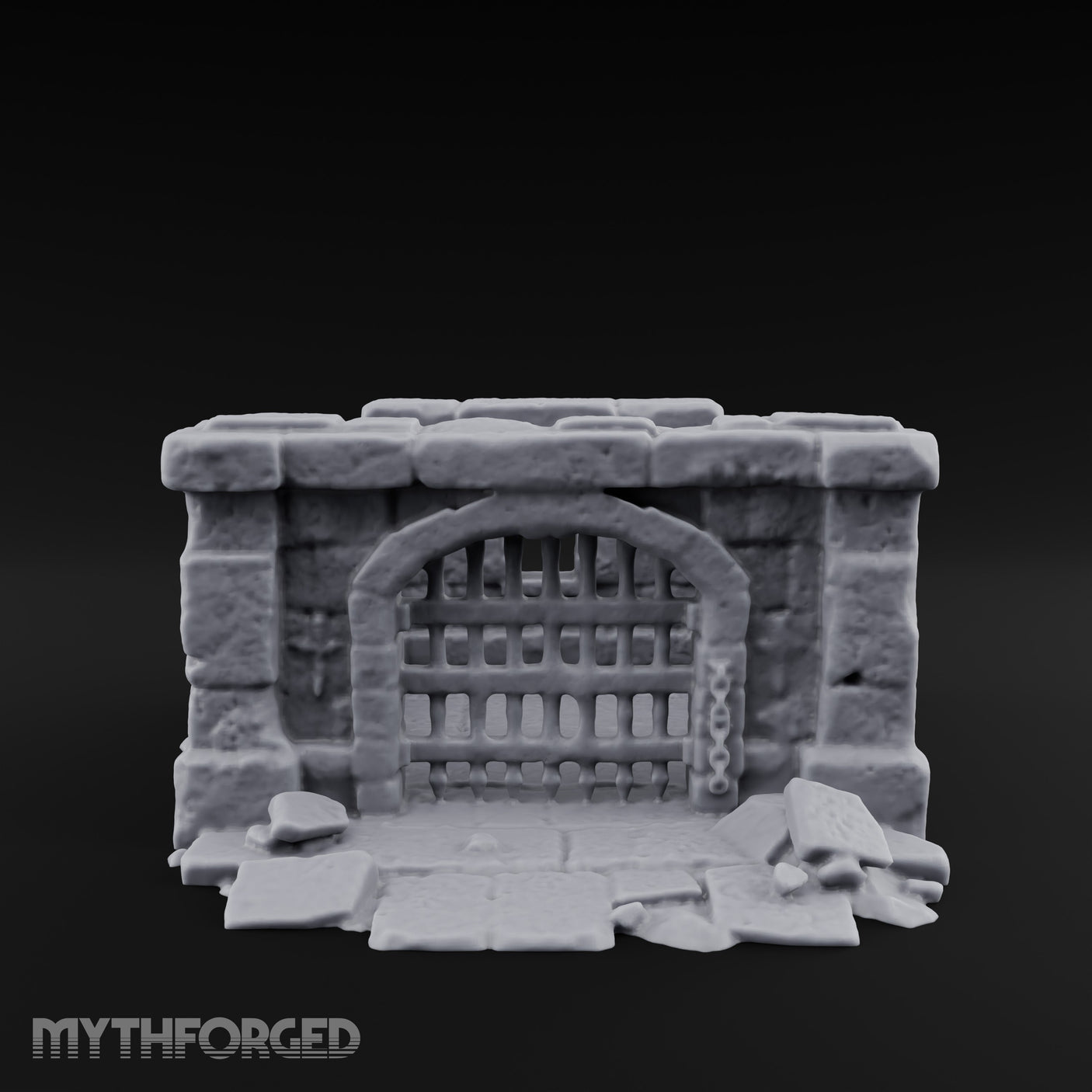 Chain-Locked Rubble-Strewn Dungeon Portcullis Wall Miniature for Dungeons and Dragons, Pathfinder or other TTRPGs