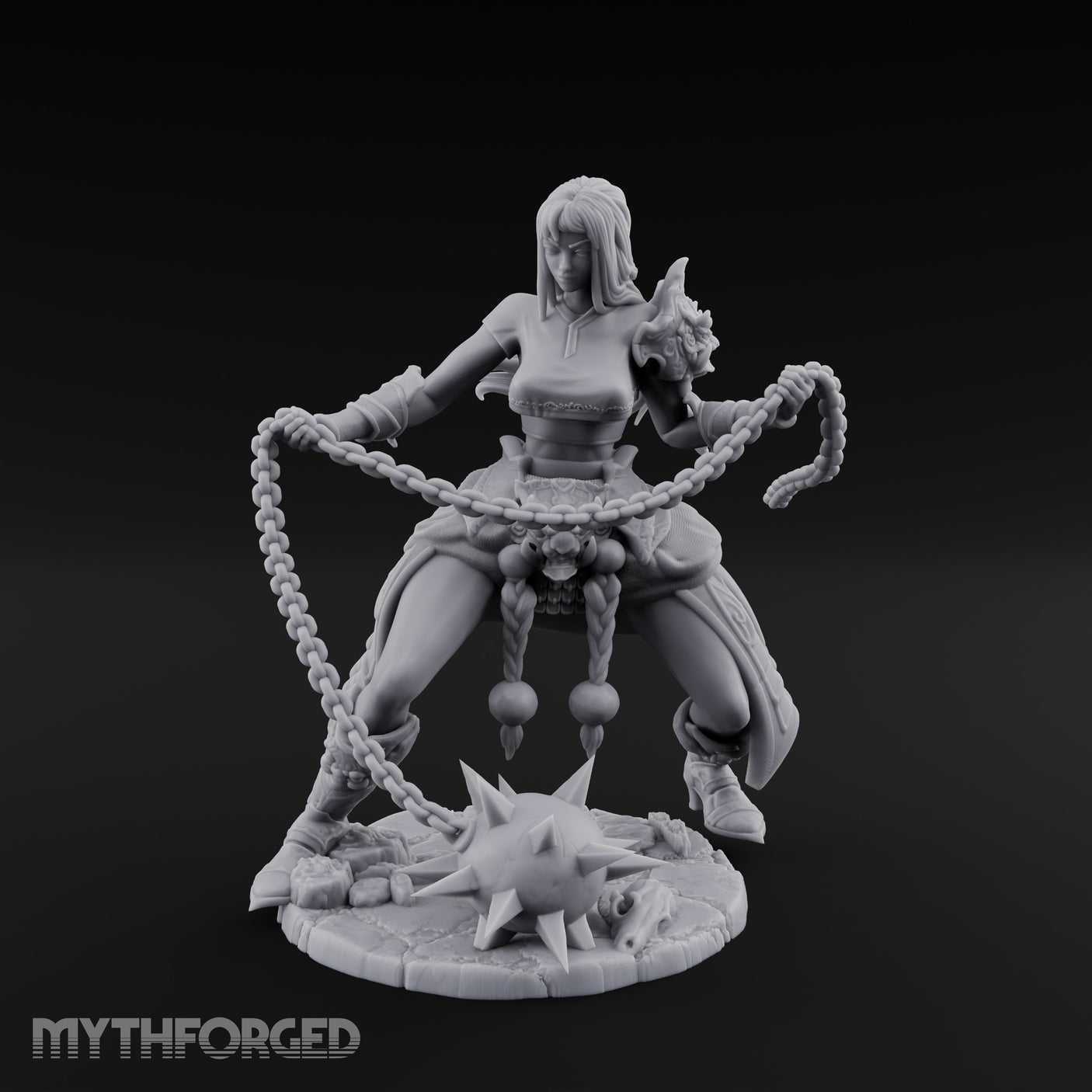 Chain Whipping Crouching Human Fighter Miniature for Dungeons and Dragons, Pathfinder or other TTRPGs
