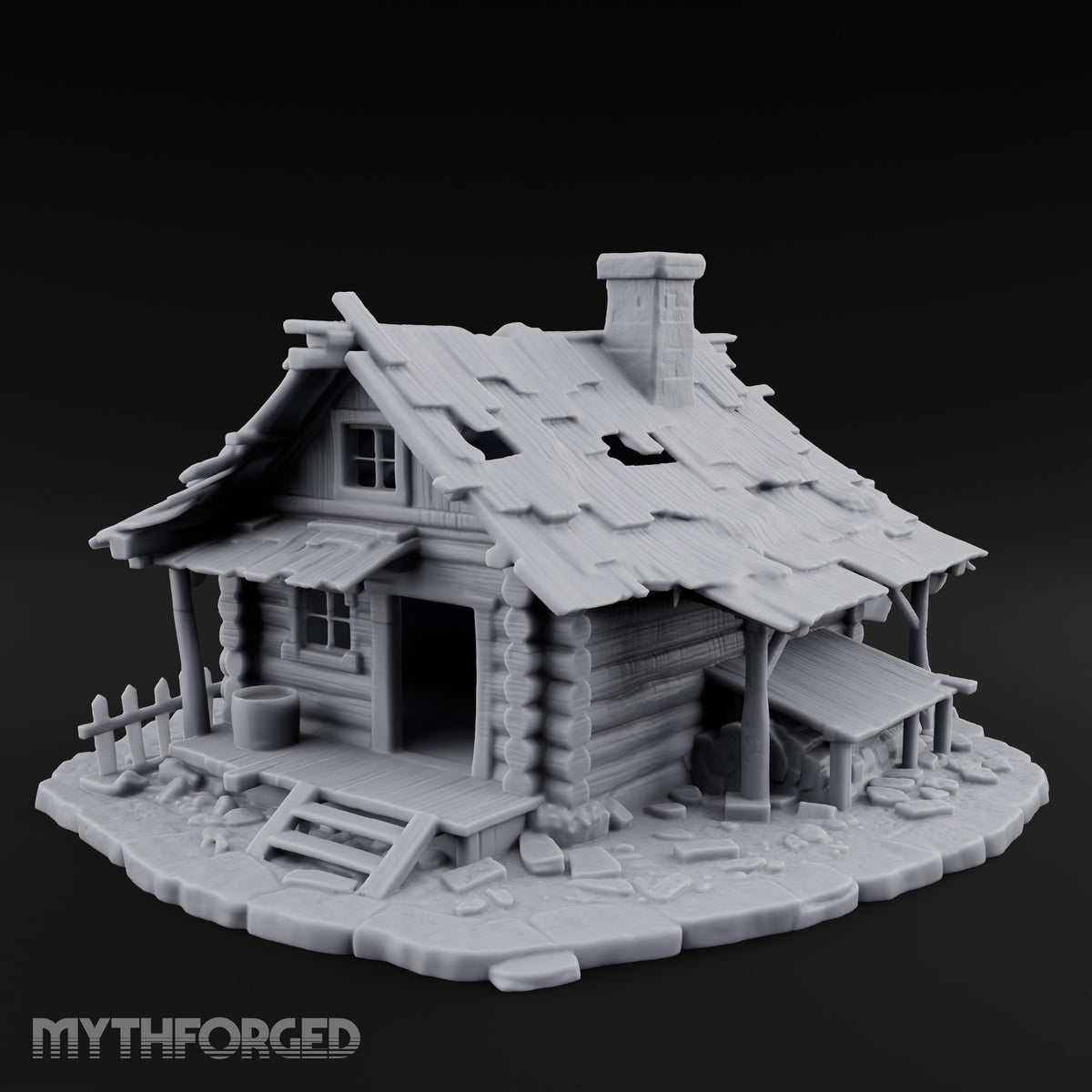 Chimney-Crowned Porch-Sagging Frontier Log Cabin Miniature for Dungeons and Dragons, Pathfinder or other TTRPGs