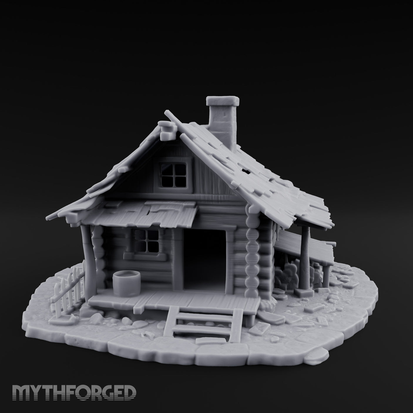Chimney-Crowned Porch-Sagging Frontier Log Cabin Miniature for Dungeons and Dragons, Pathfinder or other TTRPGs