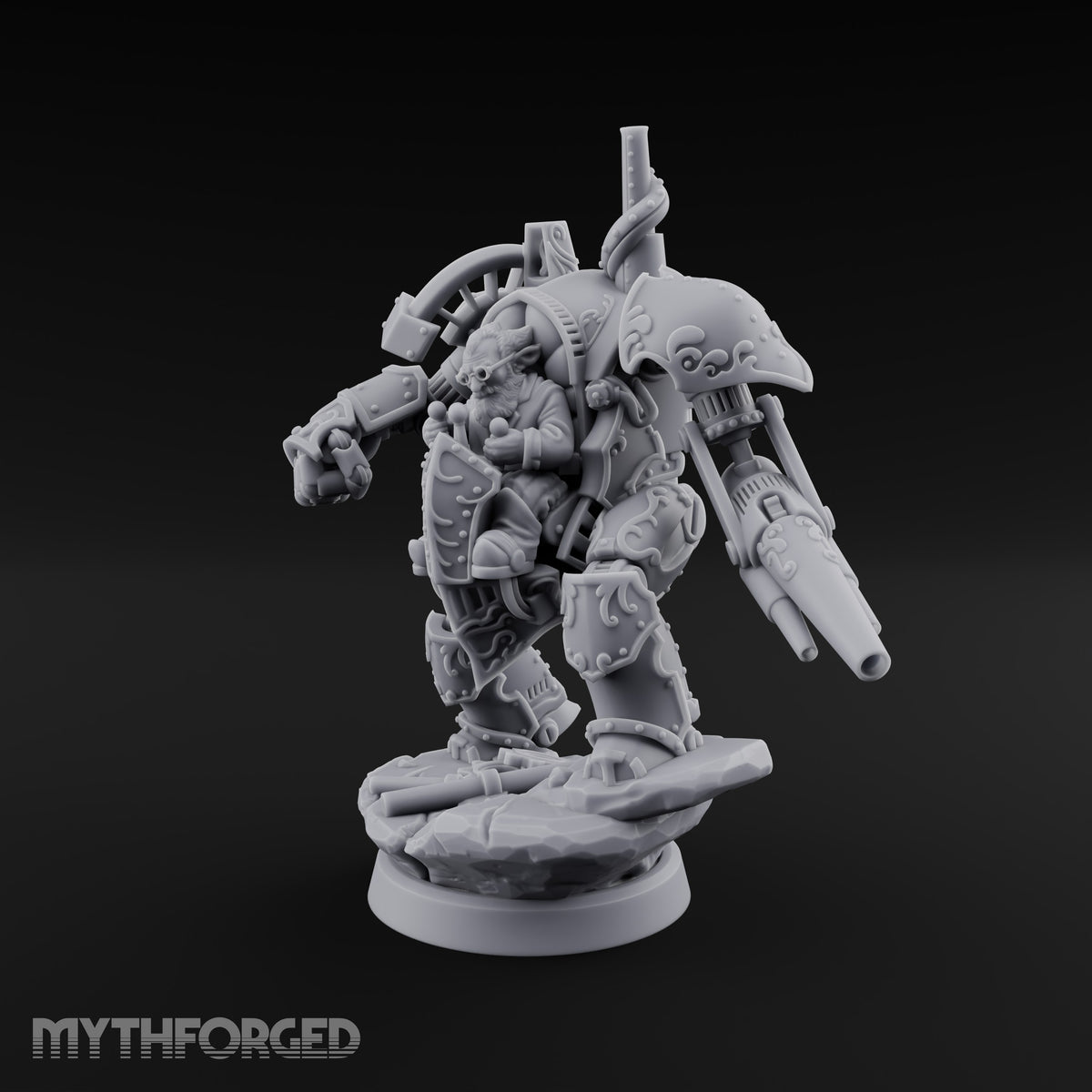 Short on Height, Long on Steel Gnome Tinker Piloting Steam-Powered Mech Suit with Twin-Barrel Cannon