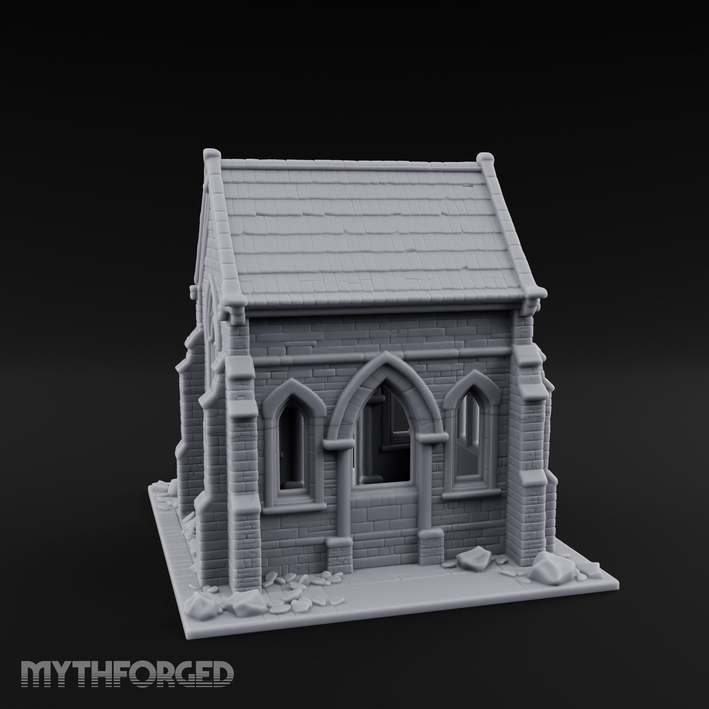 Cracked-Wall Slate-Roofed Gothic Stone Chapel Miniature for Dungeons and Dragons, Pathfinder or other TTRPGs