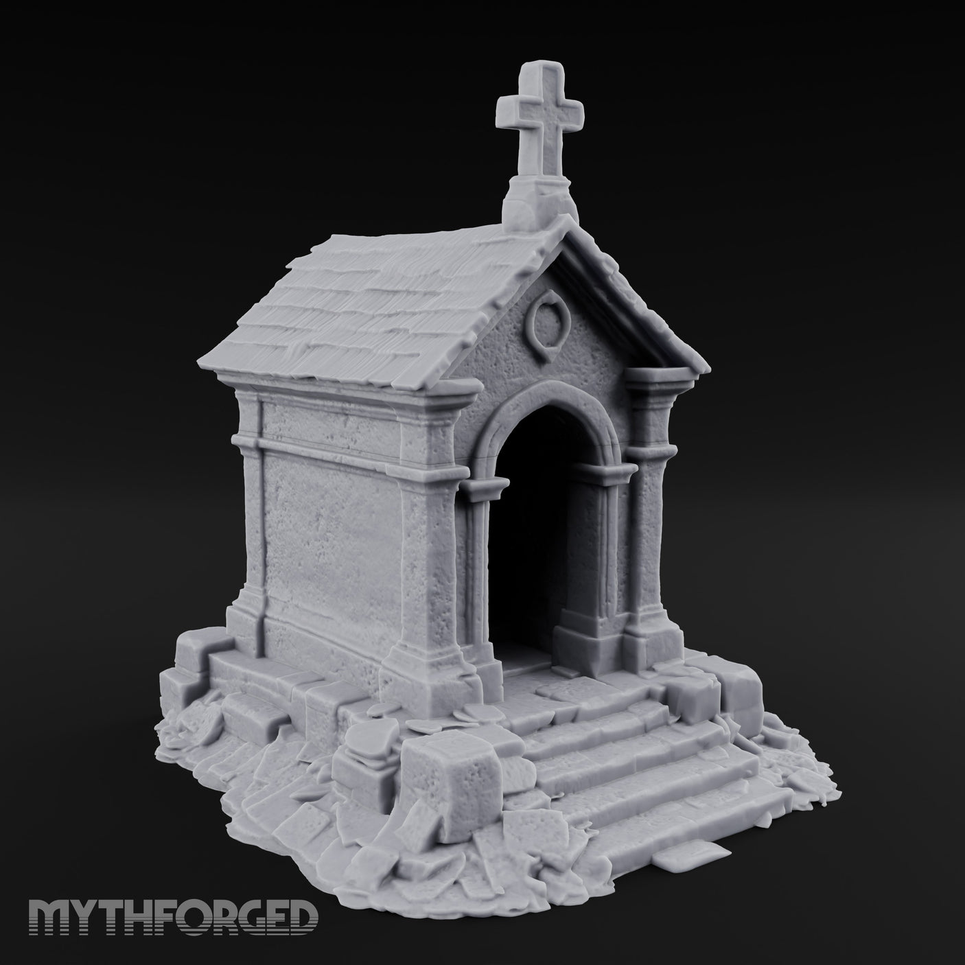 Cross-Crowned Arch-Columned Cemetery Mausoleum Miniature for Dungeons and Dragons, Pathfinder or other TTRPGs