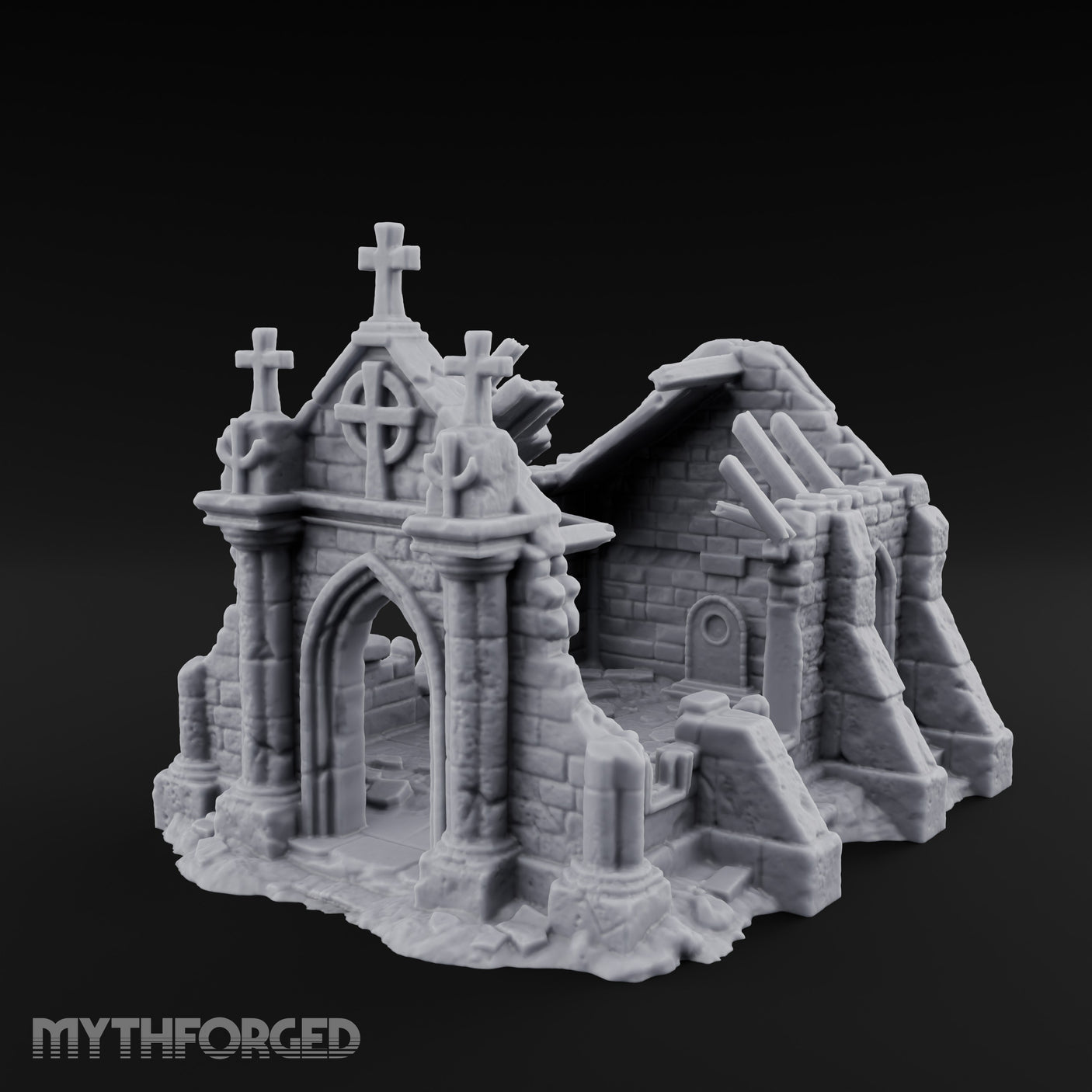 Cross-Crowned Celtic-Windowed Mausoleum Facade Ruins Miniature for Dungeons and Dragons, Pathfinder or other TTRPGs