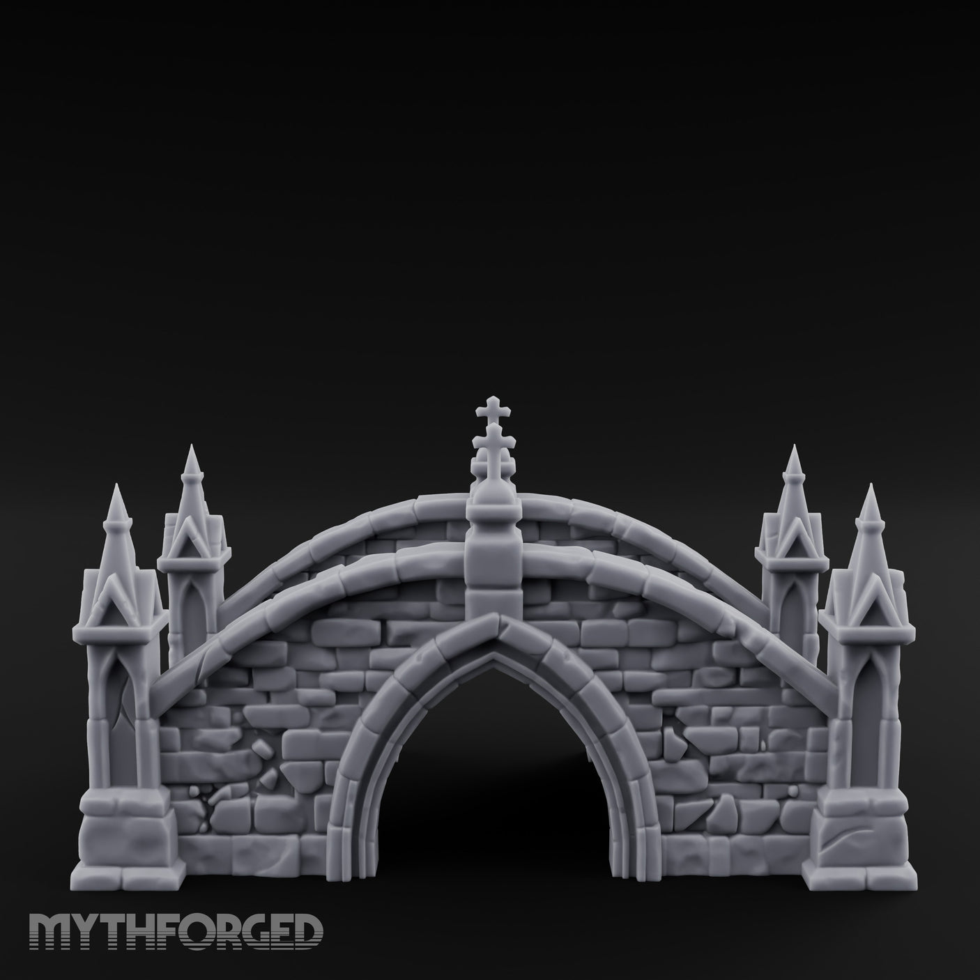 Cross-Pinnacled Spire-Flanked Gothic Stone Bridge Miniature for Dungeons and Dragons, Pathfinder or other TTRPGs