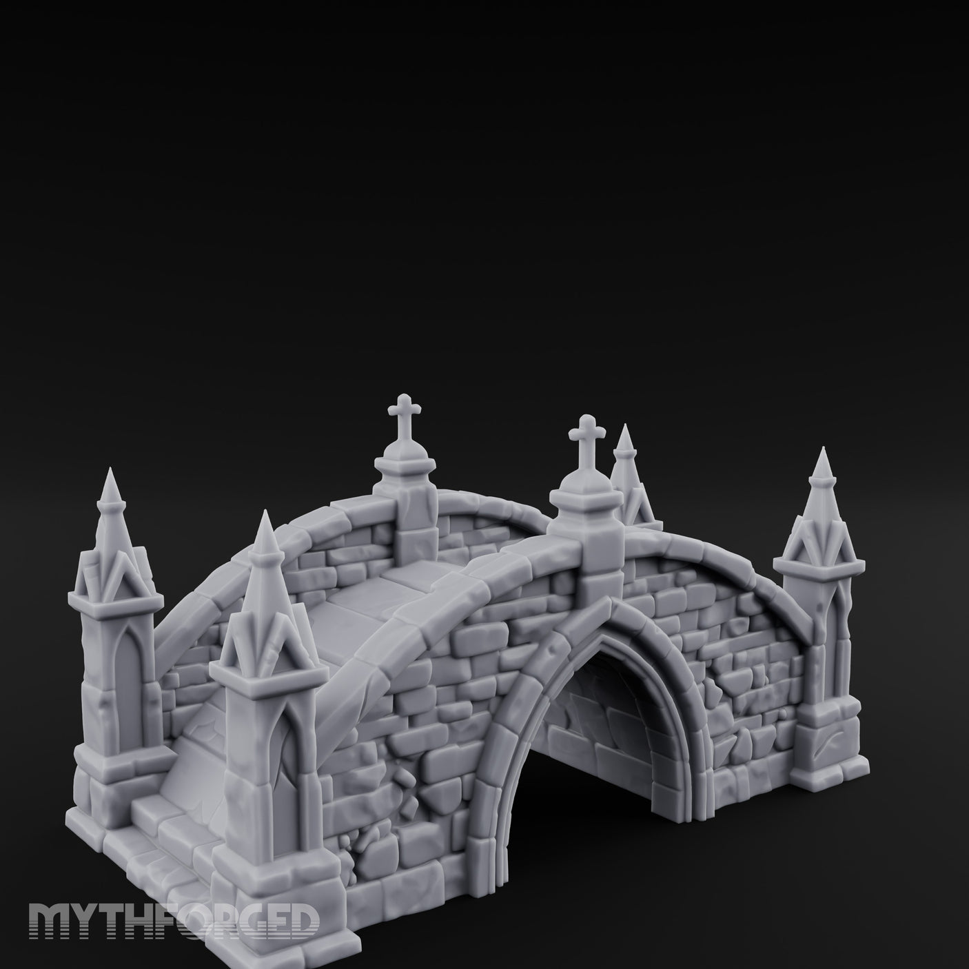 Cross-Pinnacled Spire-Flanked Gothic Stone Bridge Miniature for Dungeons and Dragons, Pathfinder or other TTRPGs