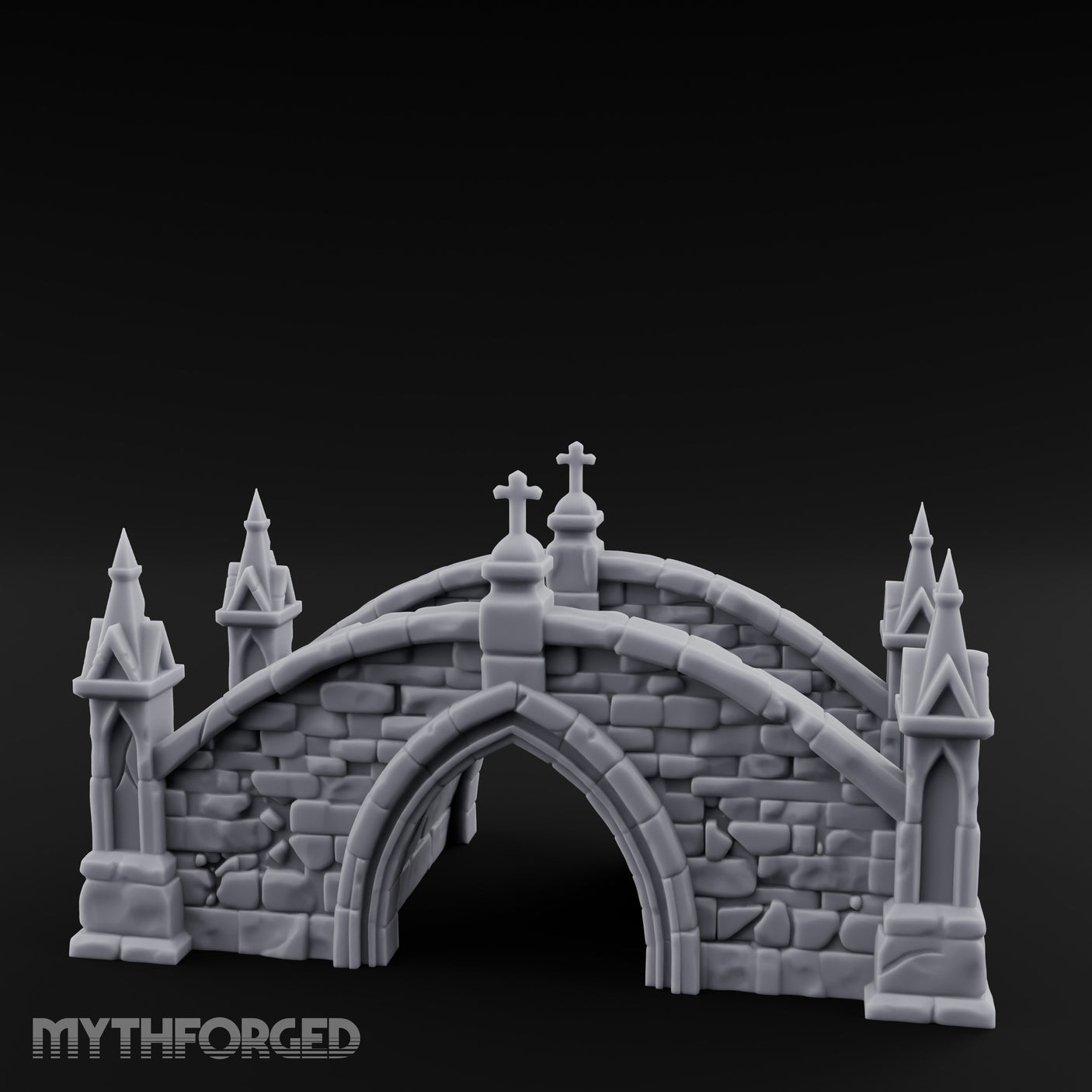 Cross-Pinnacled Spire-Flanked Gothic Stone Bridge Miniature for Dungeons and Dragons, Pathfinder or other TTRPGs