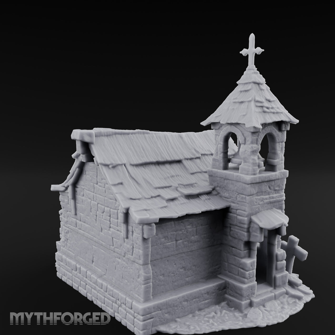 Cross-Topped Grave-Ringed Abandoned Chapel Miniature for Dungeons and Dragons, Pathfinder or other TTRPGs